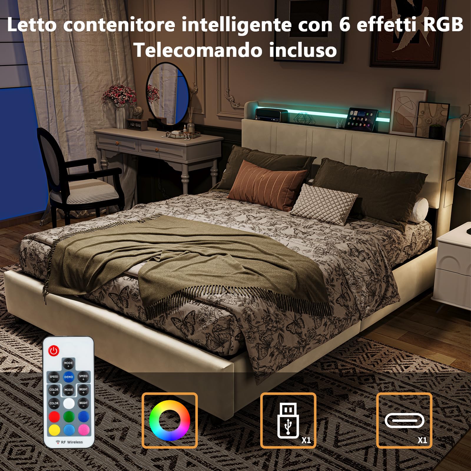 Letto con 4 Cassetti 140x200 cm, Velluto Beige con LED & TYPE-C, Testiera con 1 Ripiano, Salvaspazio, Struttura Letto con Doghe, Senza Materasso