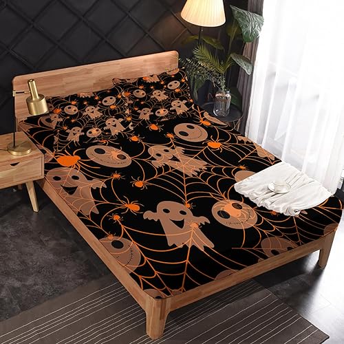 Miniatura 2 de Sábanas de Halloween tamaño California King, sábanas espeluznantes de fantasmas para niños y niñas, juego de sábanas de tela de araña, microfibra