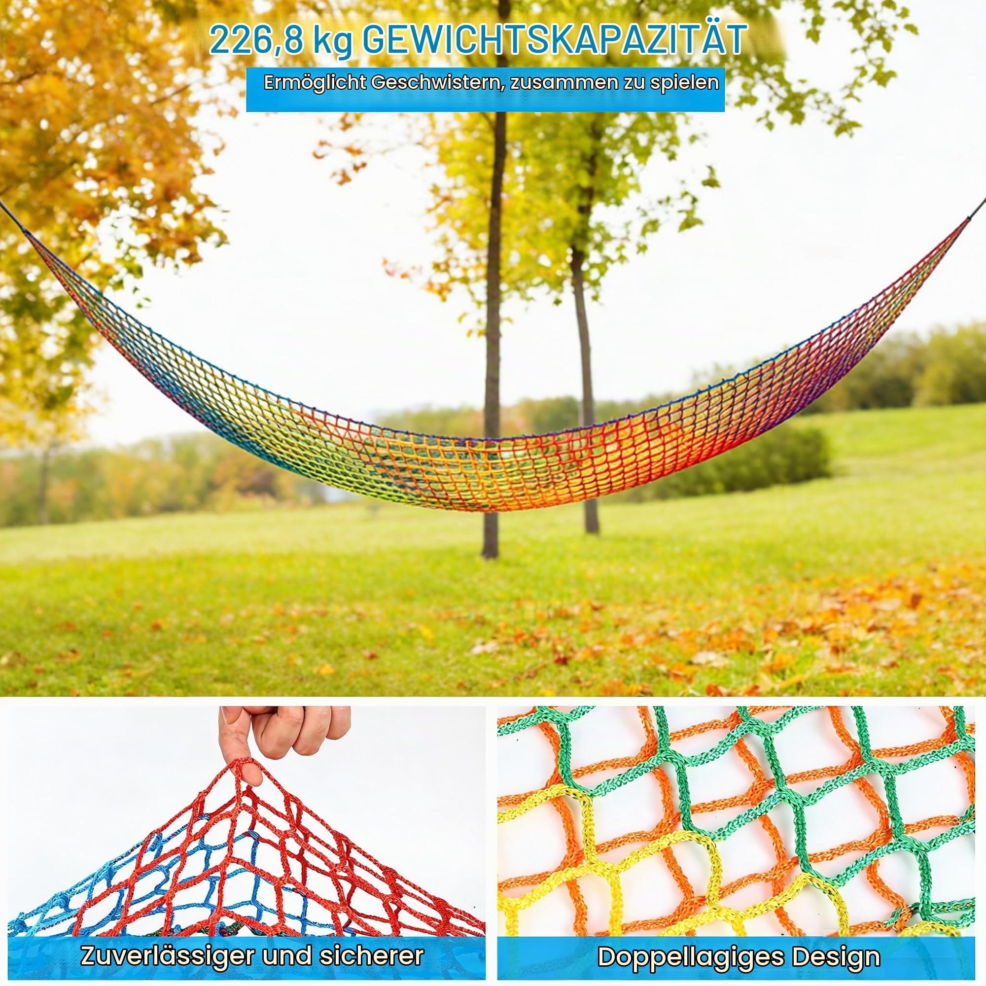 Kletternetz Spielplatz, Doppeltschichten ​Kinder Sicherheitsnetz Klettergerüst Netz Kinder Garten, 3x3M Absturzsicherungsnetz für Spielplatznetz Regenbogenfarben (3 x 3m)