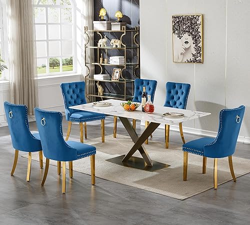 Miniatura 17 de Juego de mesa de comedor de mármol blanco para 6, 70 pulgadas, mesa de comedor de mármol blanco con 6 sillas de terciopelo beige y base de acero al