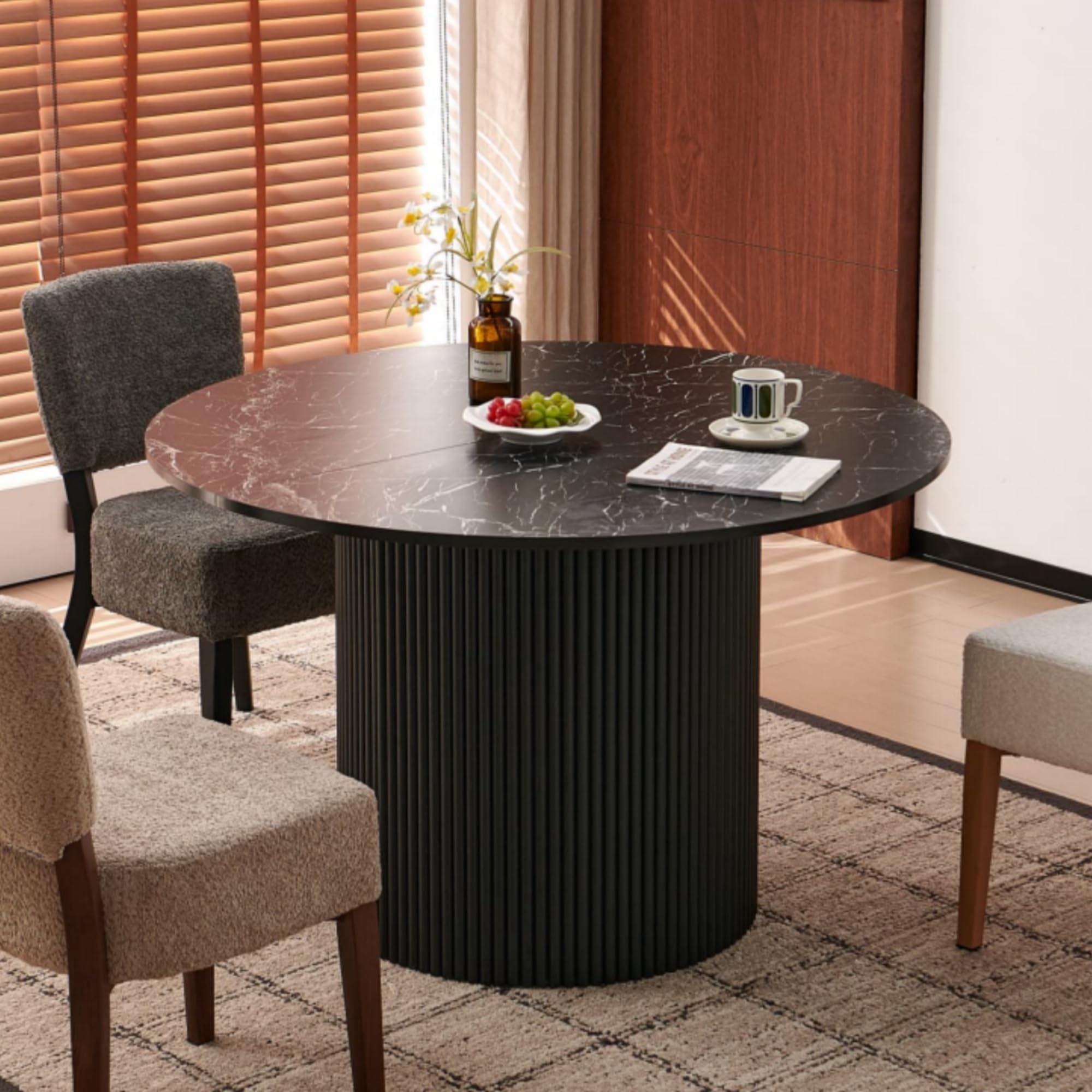 SQPFTW 47" Rustic Round Dining Table for 4-6, Industrial Circle Kitchen Dinner Table, Two-Part Faux Black Marble Grain Tabletop & Engineered Wood