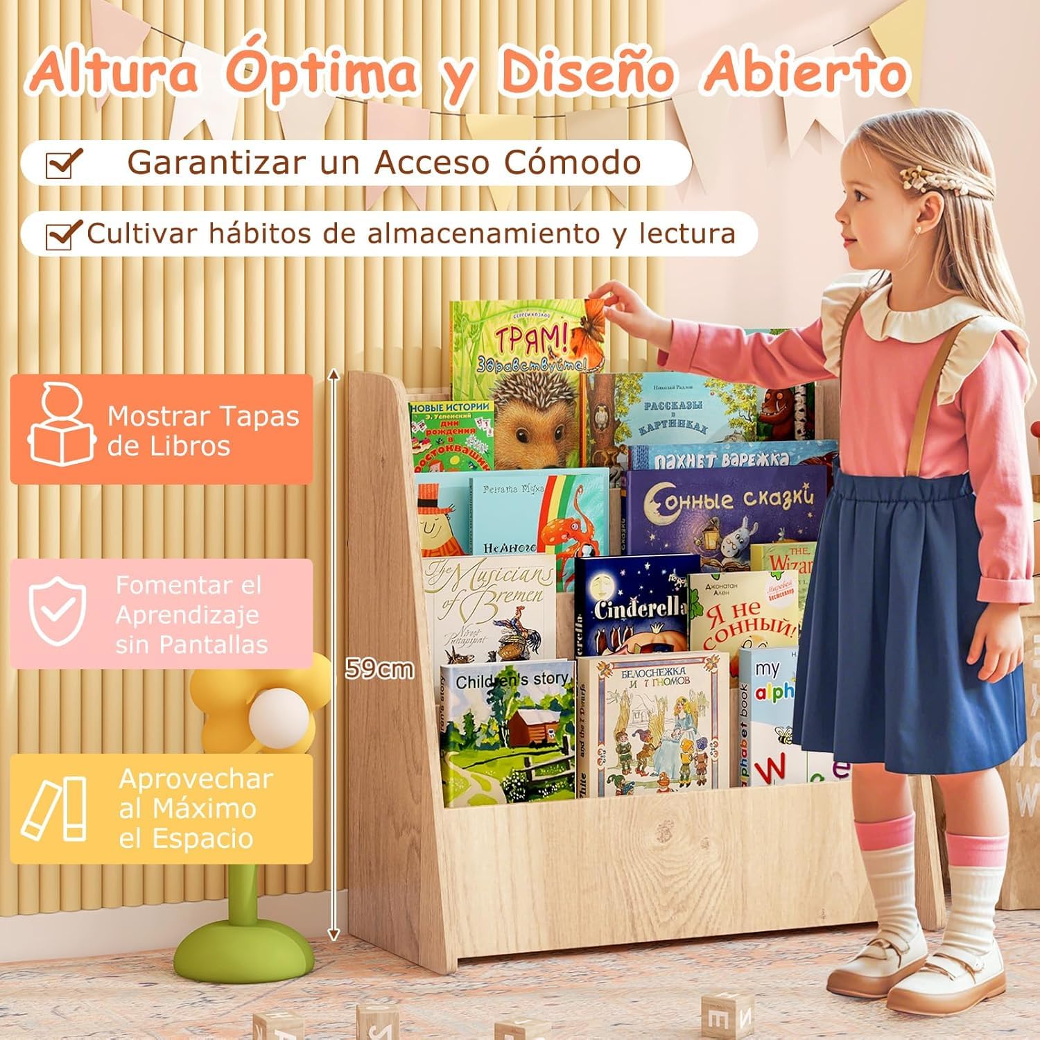 RELAX4LIFE Estantería Libros Infantil con 4 Estantes, Revistero de Madera, Mueble Estantería para Habitación Infantil y Guardería, Almacenaje Juguetes, Organizador Juguetes, 57,5x26,5x59cm (Natural)