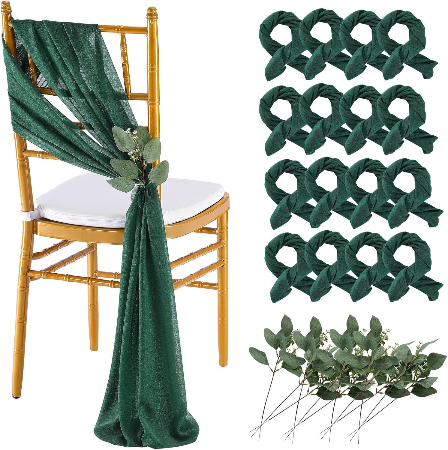 QueenDream White Chair Sashes Wedding Aisle Decorations: 24 Packs 8ft Long Draping Fabric Sheer Church Chair Cover Bulk for Party Banquet