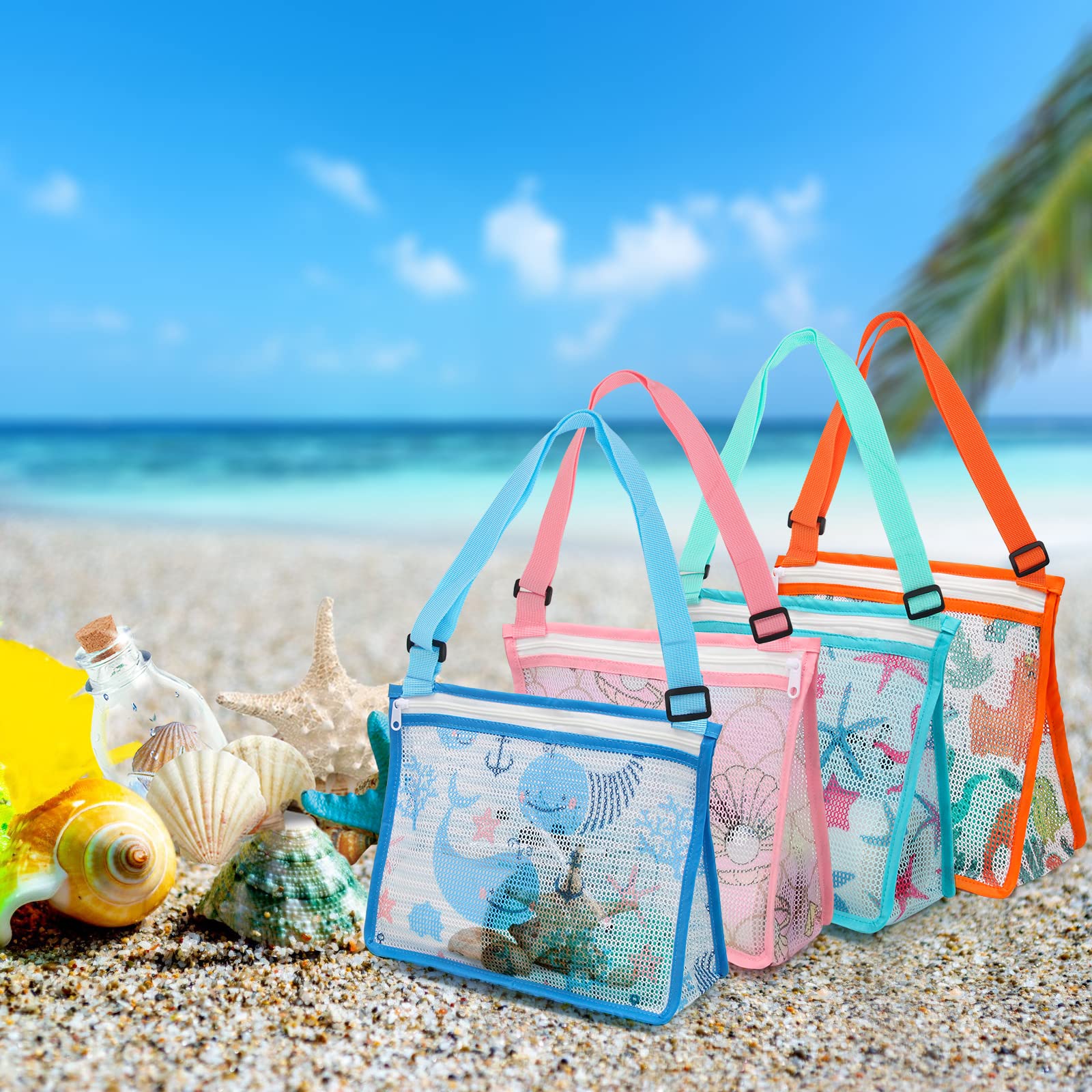 4 Pack Kids Shell Collecting Bag, Windpseed Toy Mesh Beach Bag for Kids with Adjustable Straps Seashell Beach Bags for Holding Shells Beach Sand Toy, for Boys and Girls