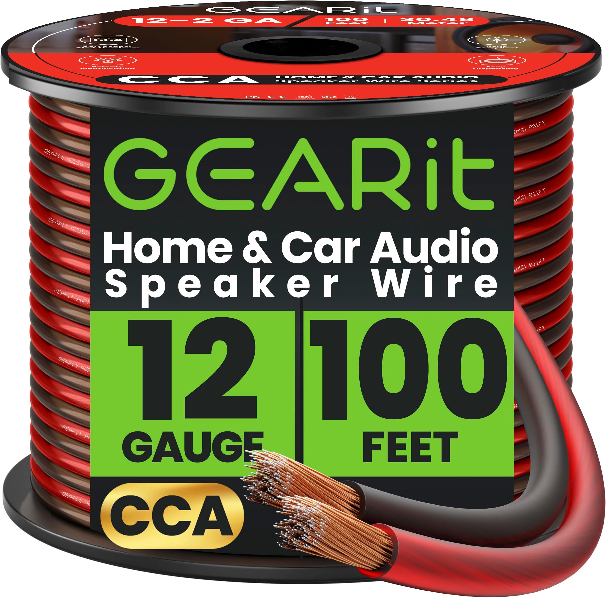 GEARit 12 Gauge Speaker Wire, Speaker Cable 100ft for Car Audio, Home Theater, CCA(Black Red)