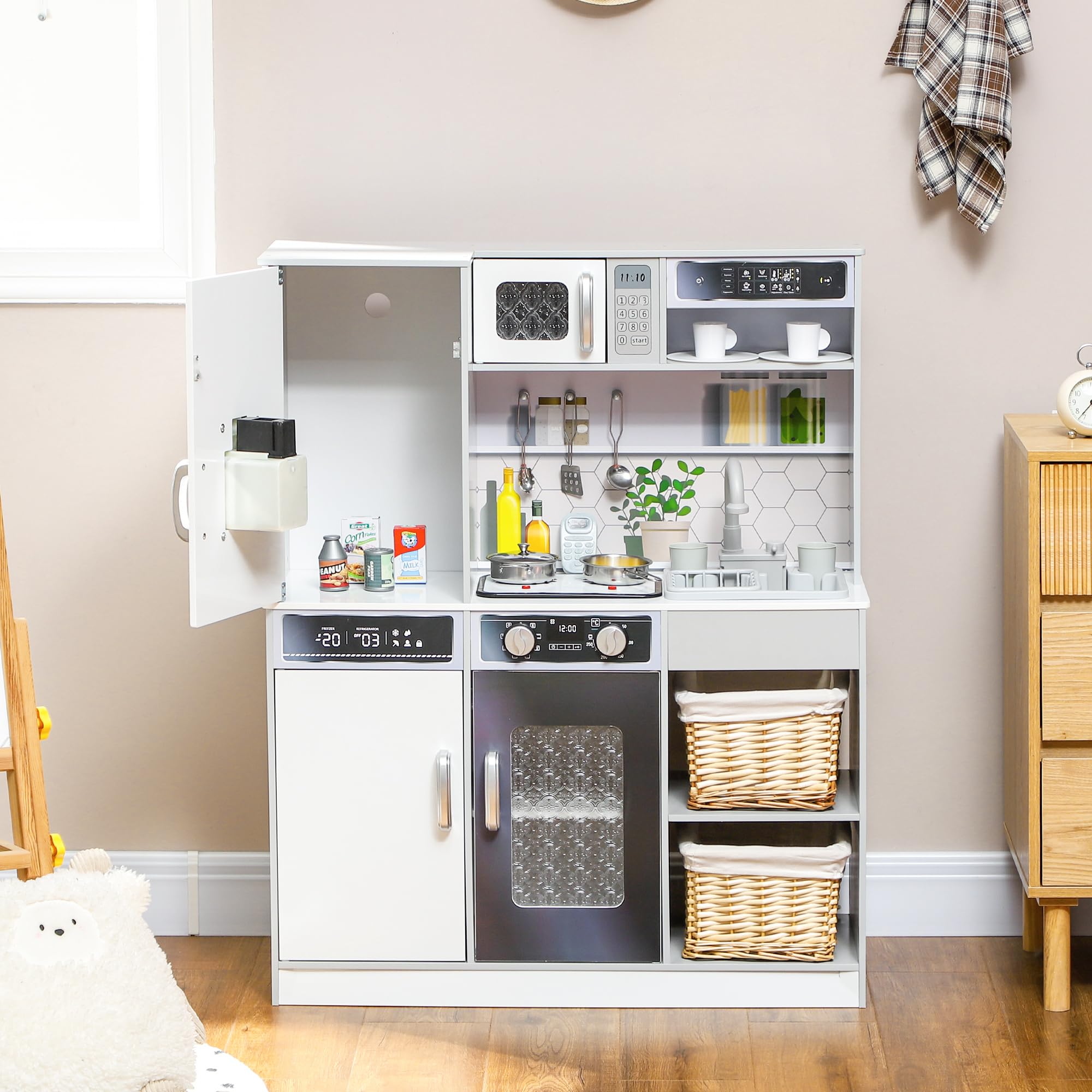 AIYAPLAY Cucina Giocattolo per Bambini in Legno con Fornello, Luci e Suoni, Forno, Microonde, Frigo, Macchina del Ghiaccio, Caffettiera, Lavello con Ricircolo d'Acqua e Accessori, per 3-8 Anni