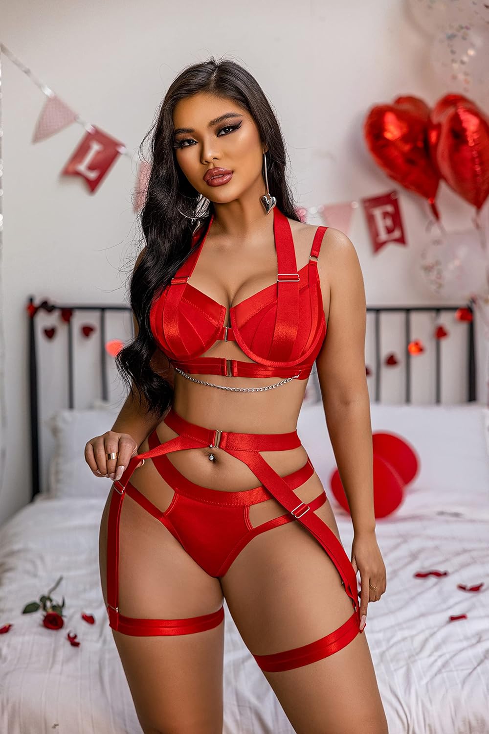 Avidlove Lingerie Set for Women Sexy Strappy Lingerie Underwire Push Up Bra Garter Set Lingerie with Chain - Image 4