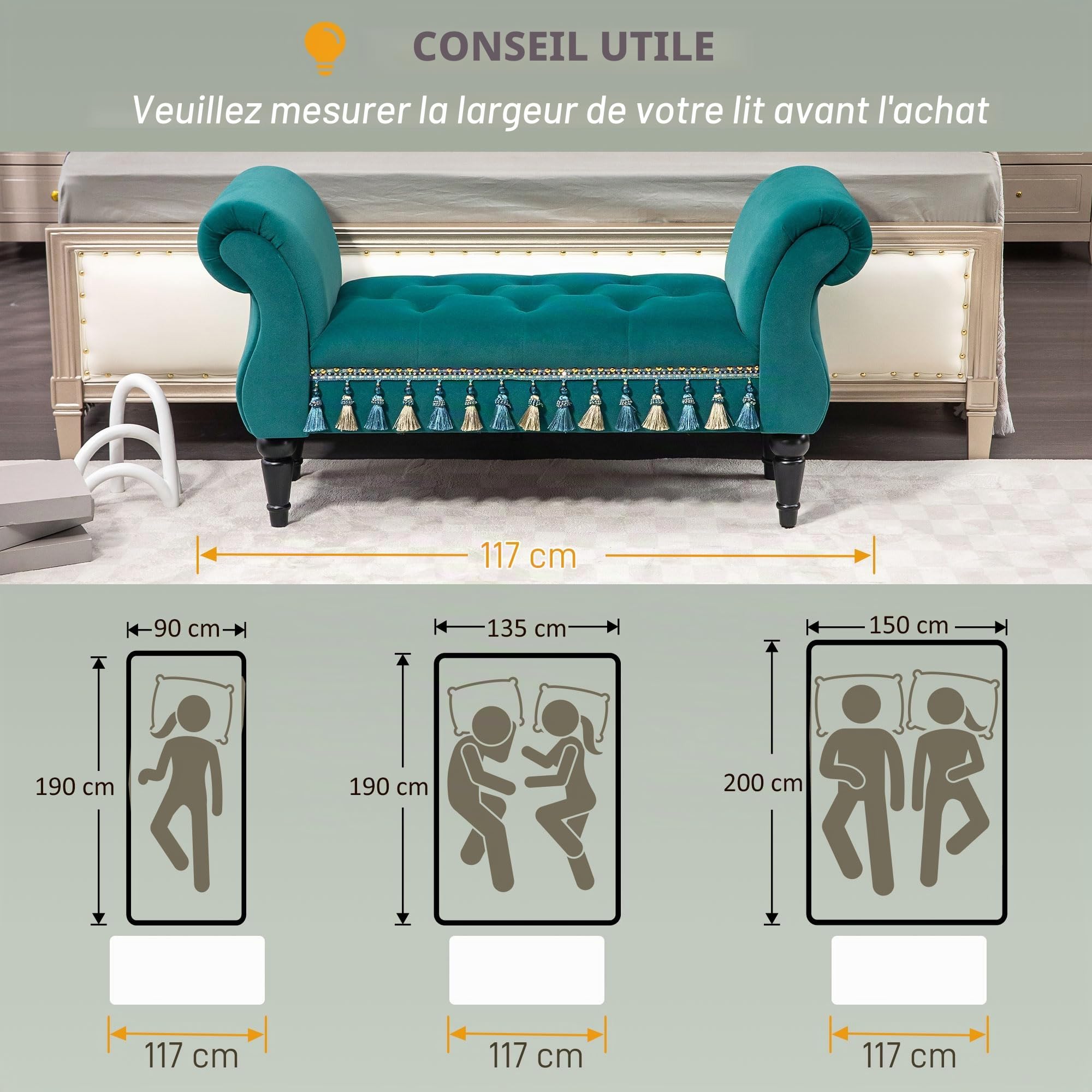 HOMCOM Banc Banc rembourré, aspect velours, banc de luxe avec pieds en bois, banc d'entrée pour chambre à coucher, charge maximale 150 kg, vert, 117 x 40 x 58 cm