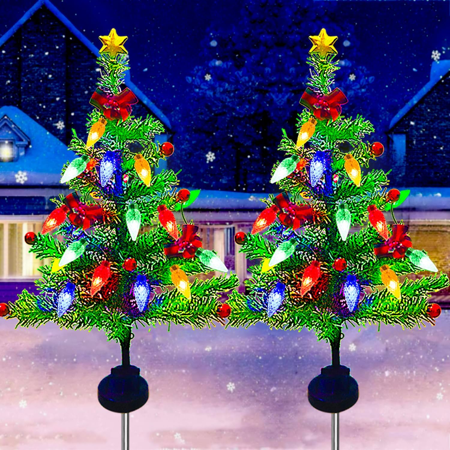HUGSVIK 2Pack Solar Prelit Christmas Tree Stake Lights, 8