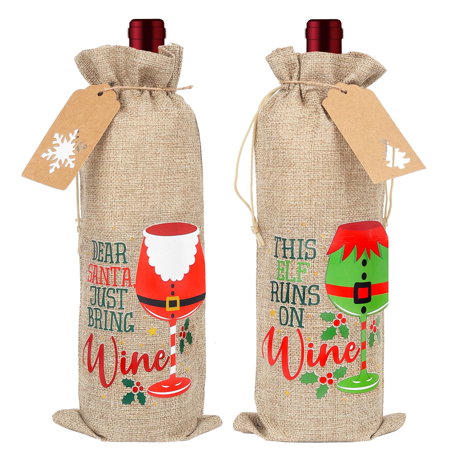 Christmas Burlap Wine Bags,2Pcs XMAS Wine Bottle Gift Bags,Reusable Wine Gift Bags with Drawstrings Tags for Christmas New Year Party Supplies(Natural Burlap)