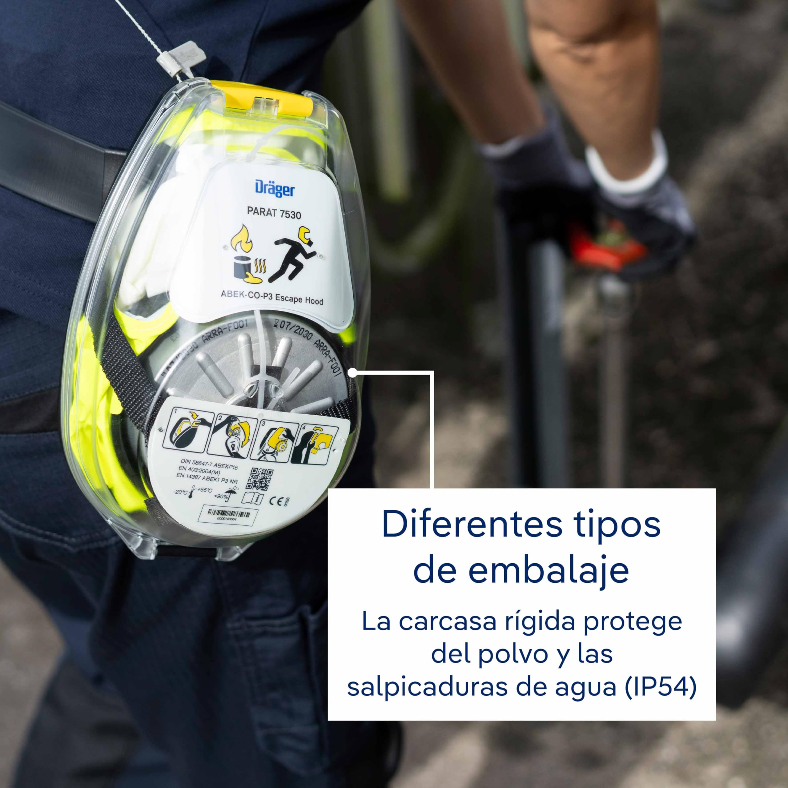 Dräger PARAT 7530 Capucha de Emergencia con Filtro Combinado ABEK CO P3| Adecuada para áreas industriales y para el Escape en Caso de Incendio | Empaquetado en un Estuche de plástico Duro…