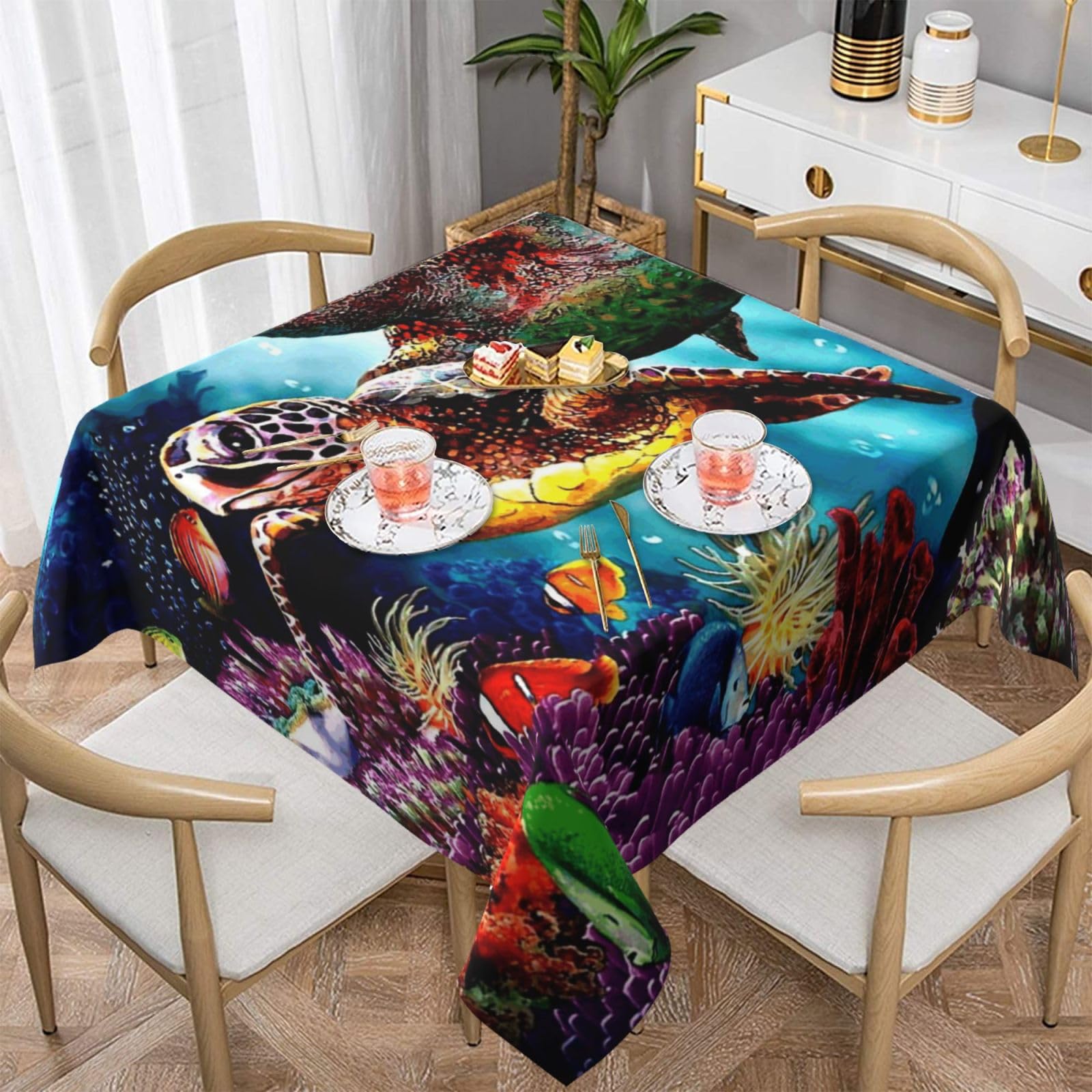 DCEHGEW Sea Turtles Diamond Painting Prints Square Tablecloth 152x152 CM, Waterproof Fabric Table Cloth for Dining Table, Farmhouse Table Cover for Kitchen Dining Tabletop Decoration
