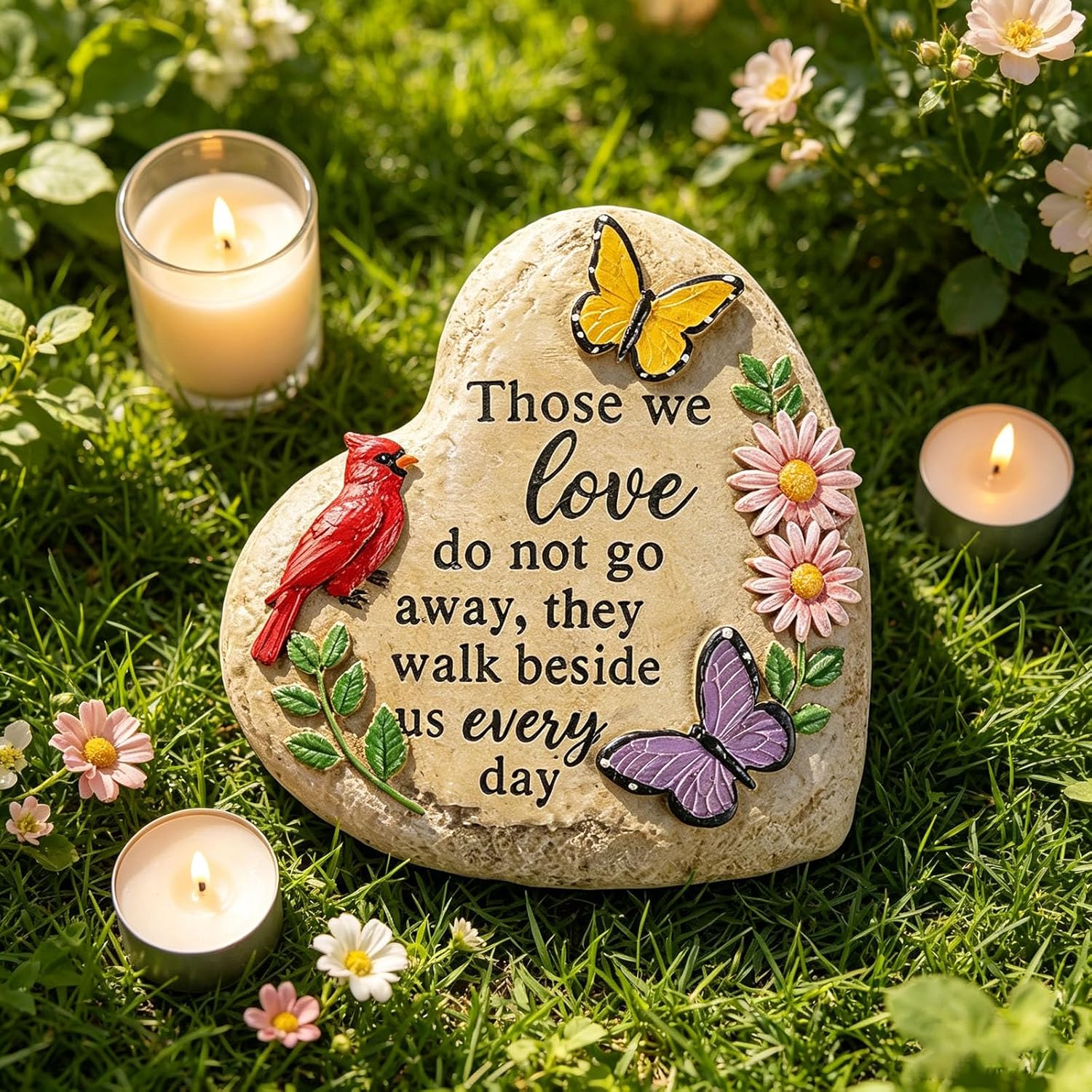 Memorial Garden Stone Cardinal Sympathy Gifts with Butterfly Flowers, in Memory of Loved One Gifts for Mother Father Cemetery Decorations for Grave Waterproof 6 inch