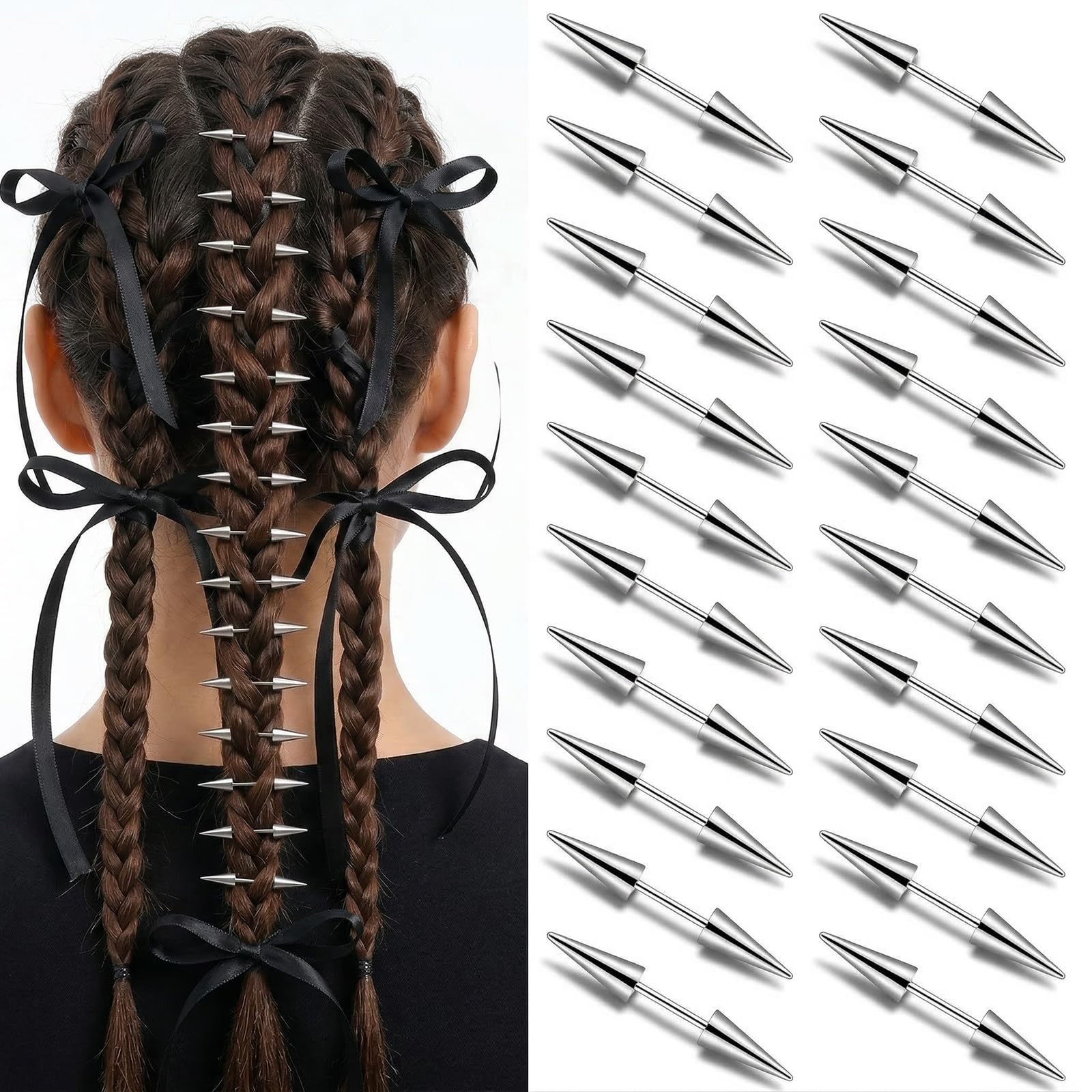 Muiltvoe 20 Pcs Hair Spikes Goth Hair Clips for Women, Punk Spiked Emo Style Alt Hair-Accessories, Alternative Hairs Jewelry for Braids, Buns, Silver
