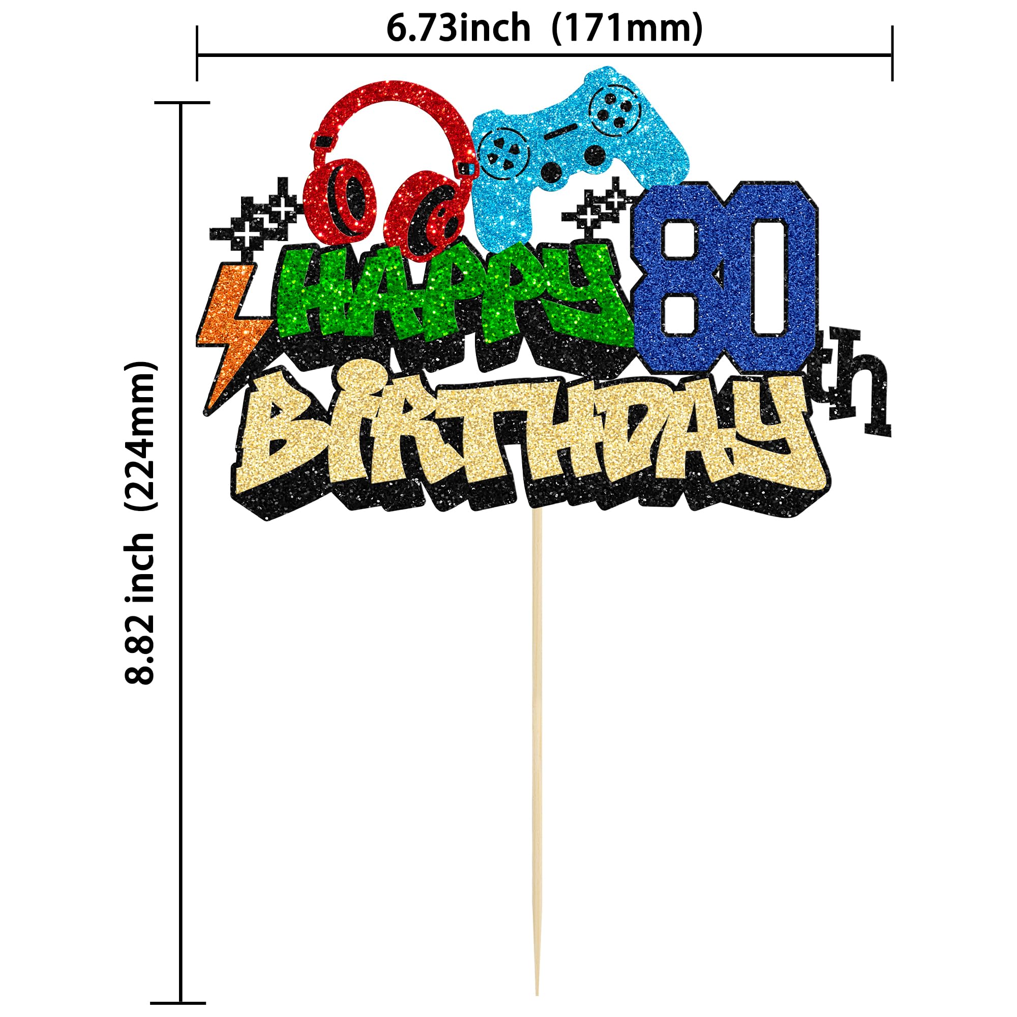 Gyufise 1Pcs Happy 80th Birthday Cake Topper Glitter Video Game Cake Pick Game On Controllers Eighteen Cheers to 18 Years Cake Decoration for Game Theme Happy 80th Birthday Party Supplies 1