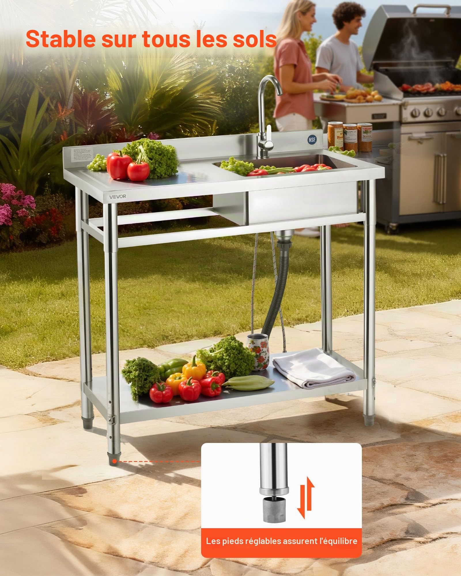 VEVOR Évier cuisine utilitaire en acier inoxydable, évier professionnel autoportant à cuve unique droite, avec robinet, tuyau d'eau chaude et froide pour garage, restaurant, buanderie, 100x50x94 cm