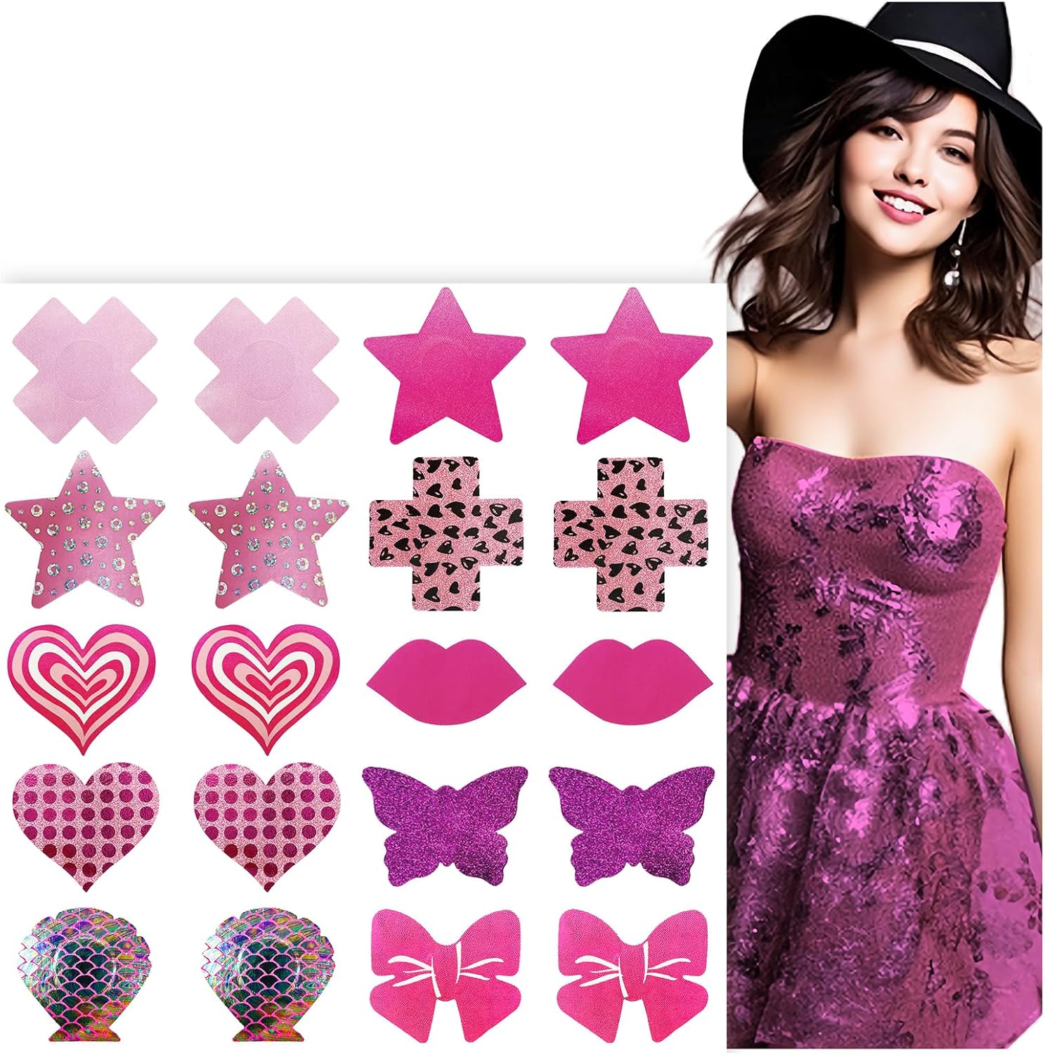 Copricapezzoli Donna Con Stickers Decorati | 12 Paia, Design Glitter E Pizzo | Per Feste E Eventi - Foto 3