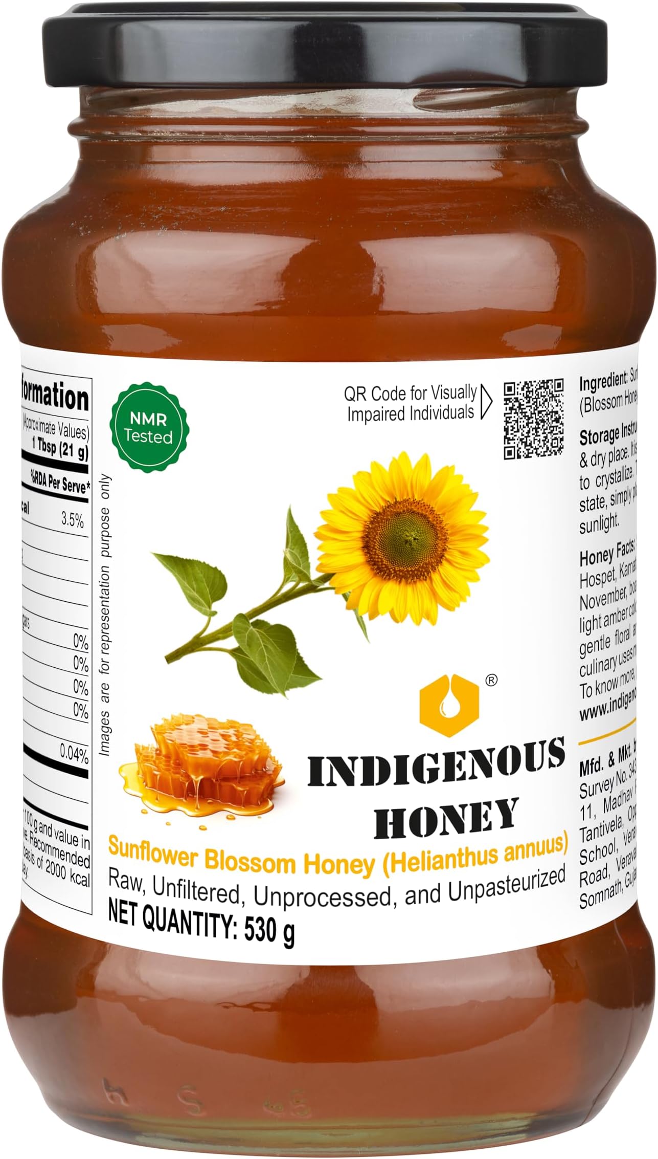 INDIGENOUS HONEY Sunflower Honey Raw Organic Natural Pure Unprocessed NMR Tested Unpasteurized Unheated 530g Glass Jar Pack of 1