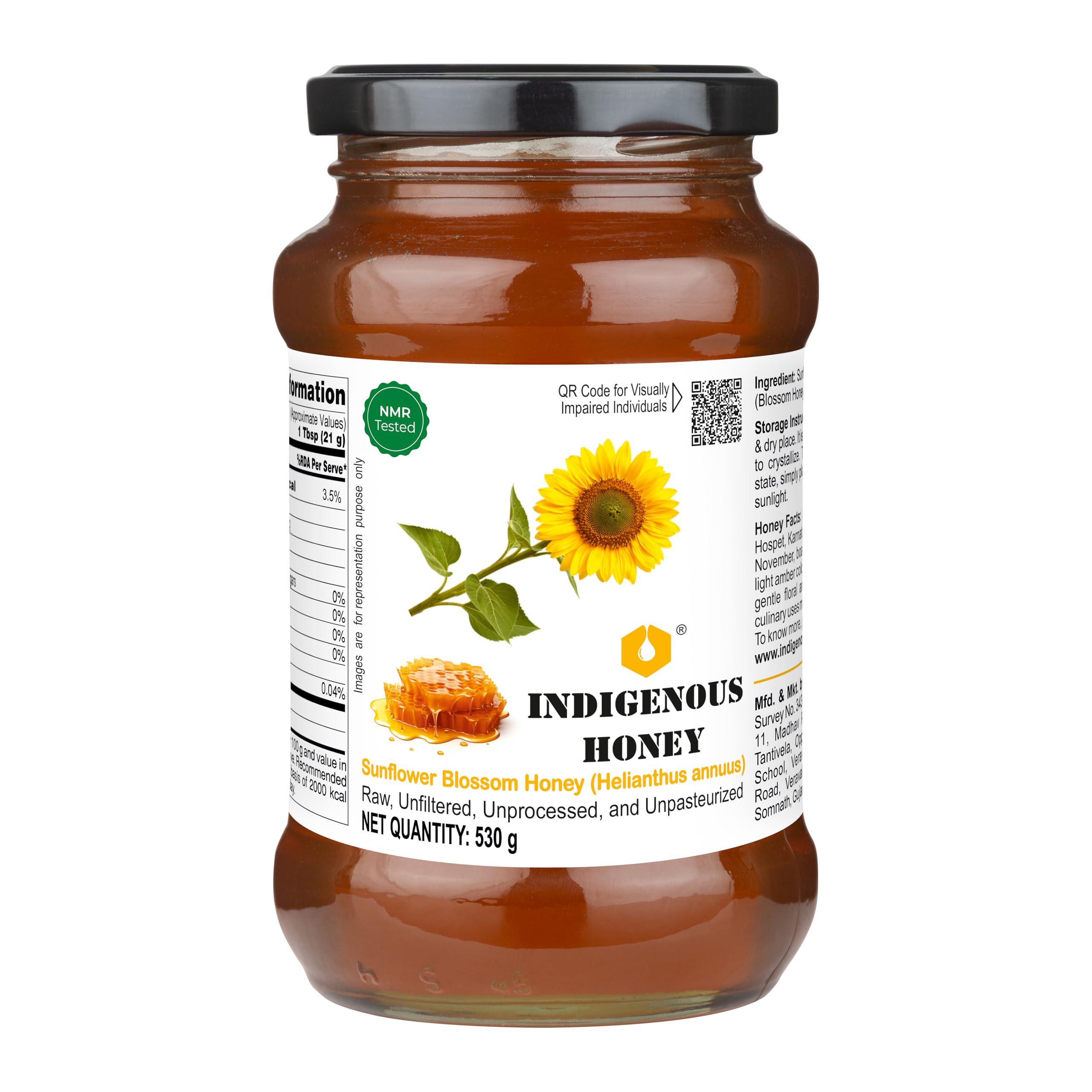 INDIGENOUS HONEY Sunflower Honey Raw Organic Natural Pure Unprocessed NMR Tested Unpasteurized Unheated 530g Glass Jar Pack of 1