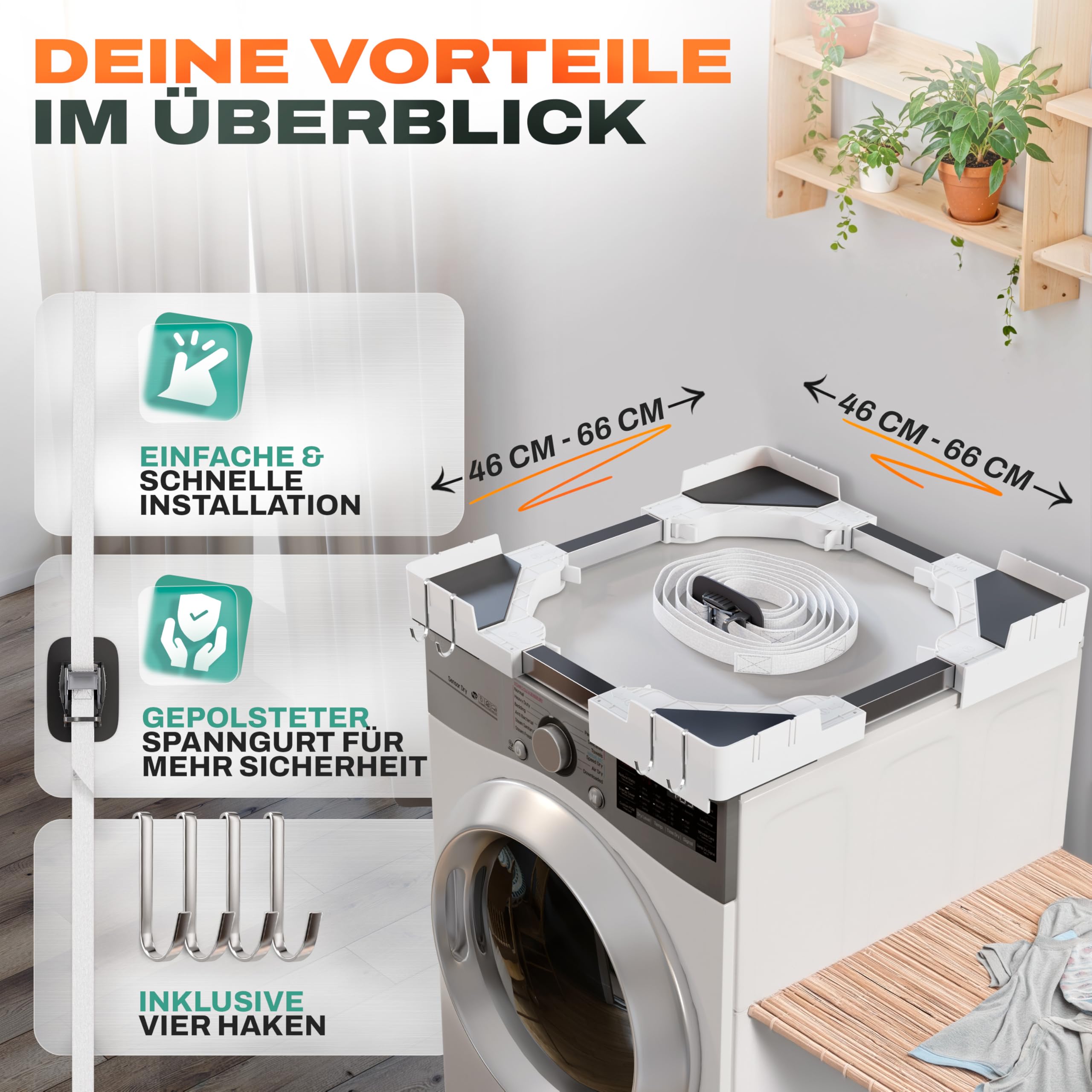 Der verstellbare Zwischenbaurahmen Trockner Waschmaschine (universal 46-66cm) inkl. 4x Haken - Waschmaschinen Verbindungsrahmen (400kg Belastung) - Trockner auf Waschmaschine stellen Verbindungsrahmen