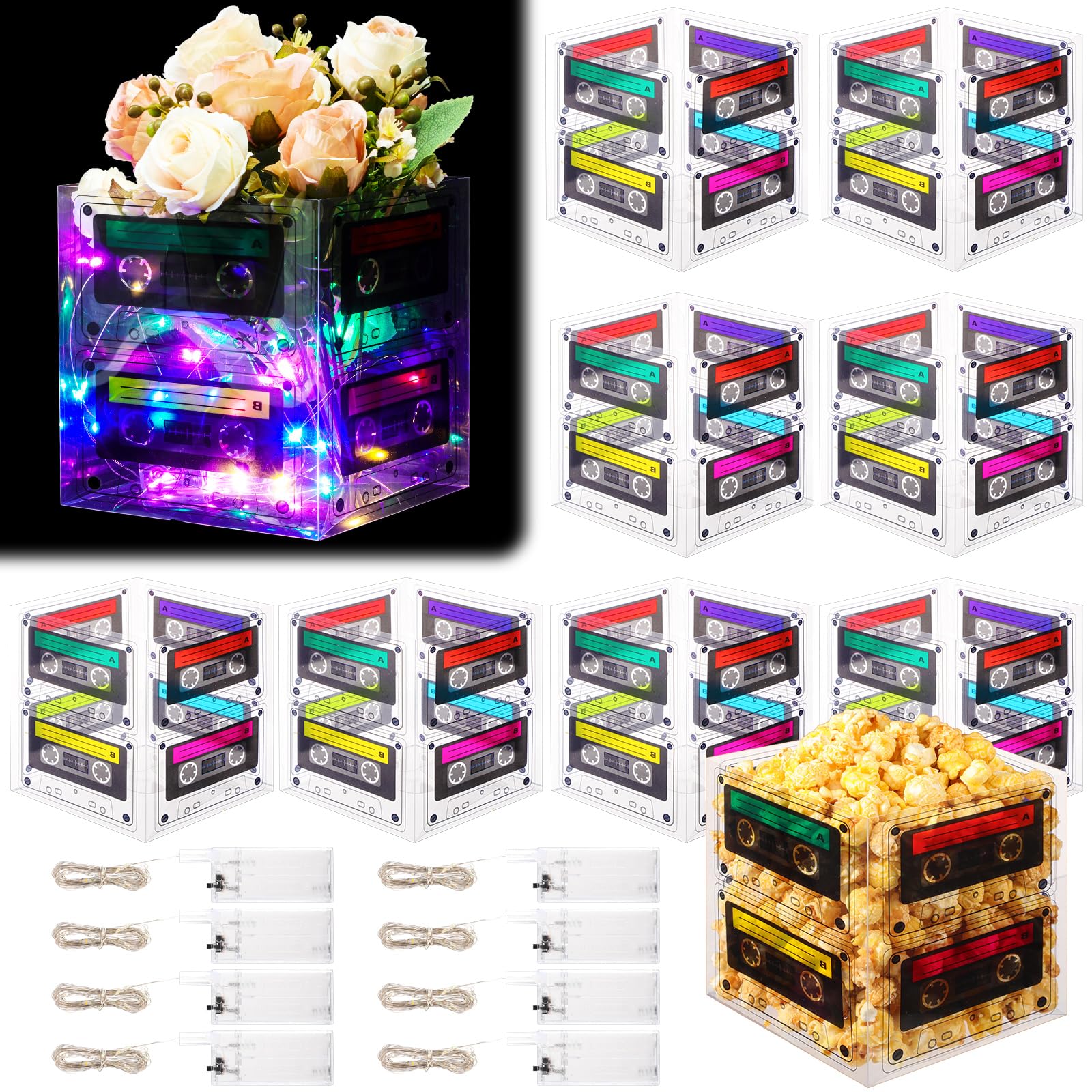 Glooglitter 8 Pack 80s Party Decorations Glowing Cassette Tape Bucket Centerpiece 90's 80s Theme Birthday Party Decoration Cassette Tape Table Decor