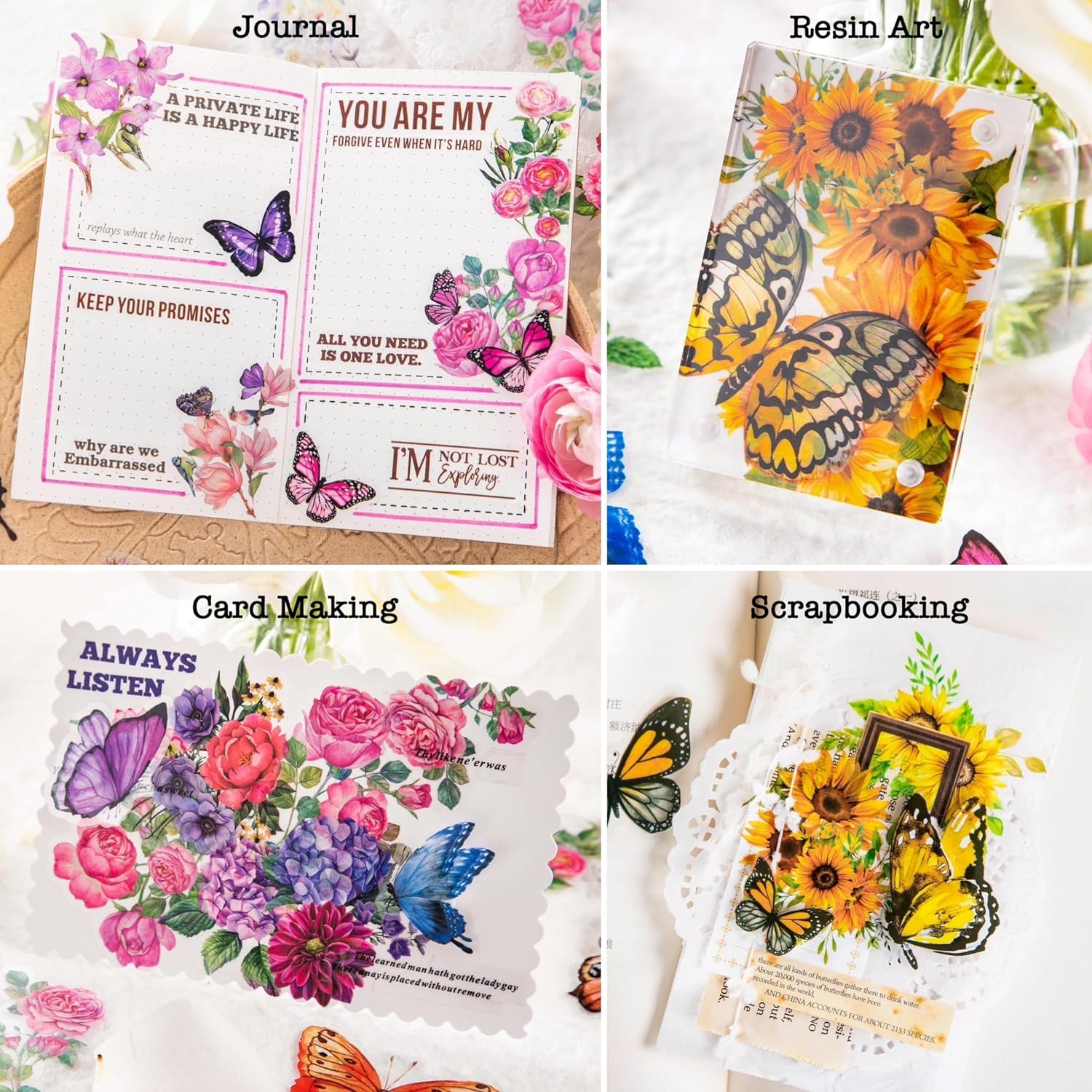 300 Pezzi Adesivi per Scrapbooking, Adesivi Farfalla e Fiori, Impermeabili e Trasparenti, Decorativi per Fai da Te Diario Album Calendario Taccuini Artigianato