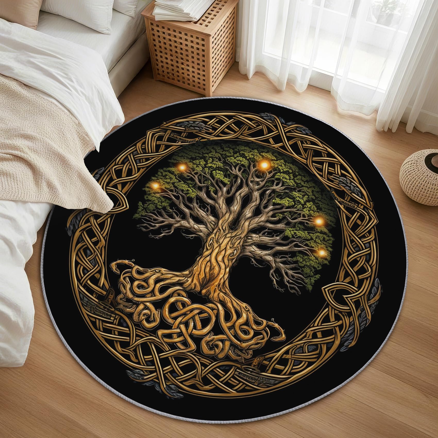 Wikinger Teppich Rund 120cm Kurzflor - Waschbare Teppiche Wohnzimmer Baum des Lebens - Runder Teppich 120 Durchmesser Kinderzimmer - Bettvorleger Schlafzimmer rutschfest Weich