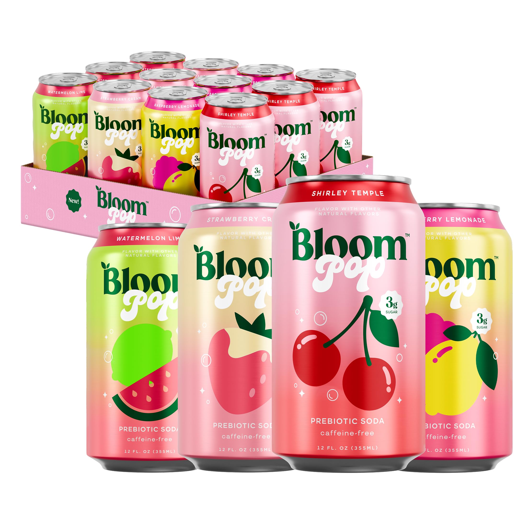 Bloom Pop Prebiotic Soda 12 Pack, Variety Pack, 12oz Cans | Soda for Gut Health, Low Calorie, No Caffeine, Healthy Soft Drink Alternative