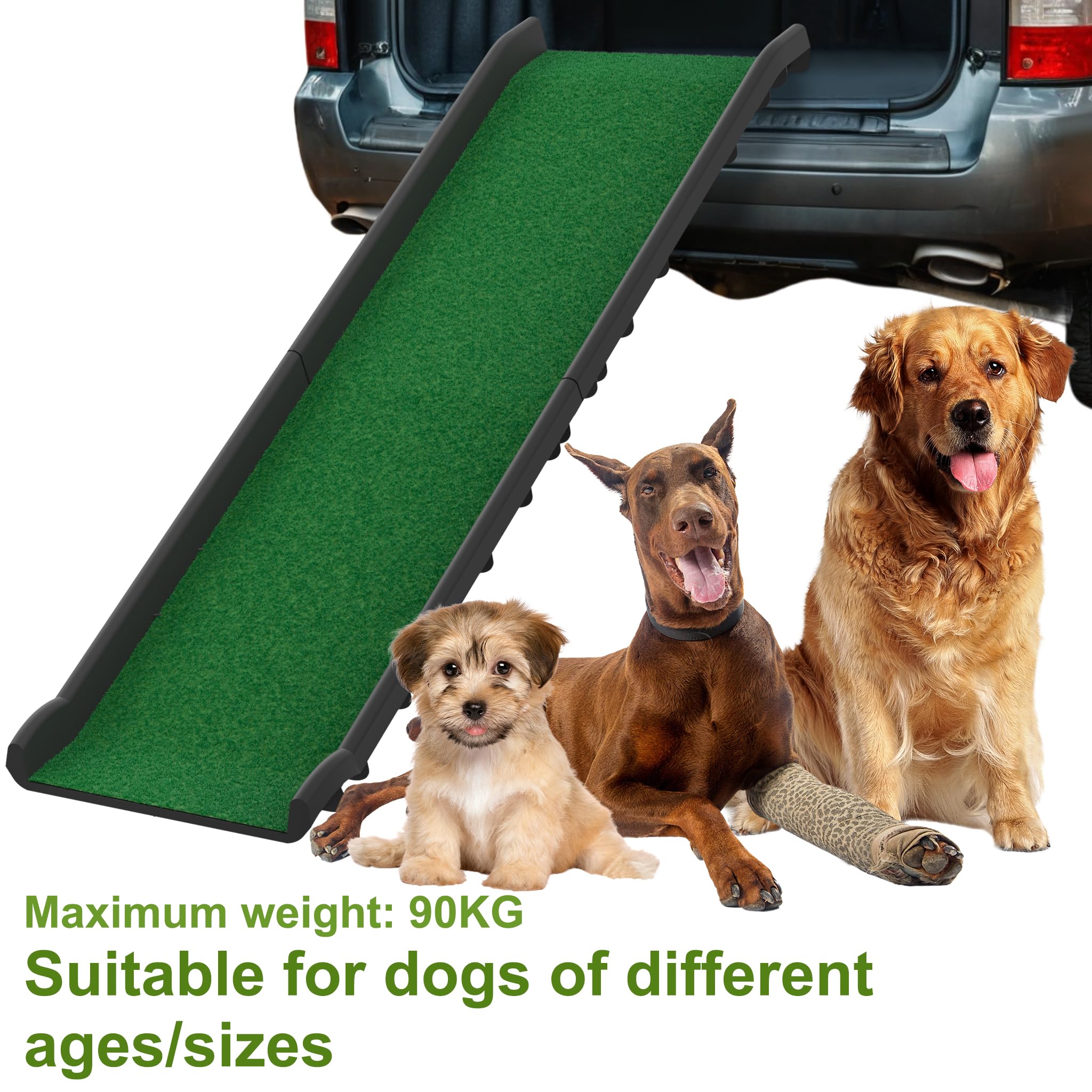 FIVMEN Rampe de voiture pliable pour chien - Antidérapant - Jusqu'à 90 kg - 156 x 40 cm - Pour SUV, grands petits animaux, avec pelouse