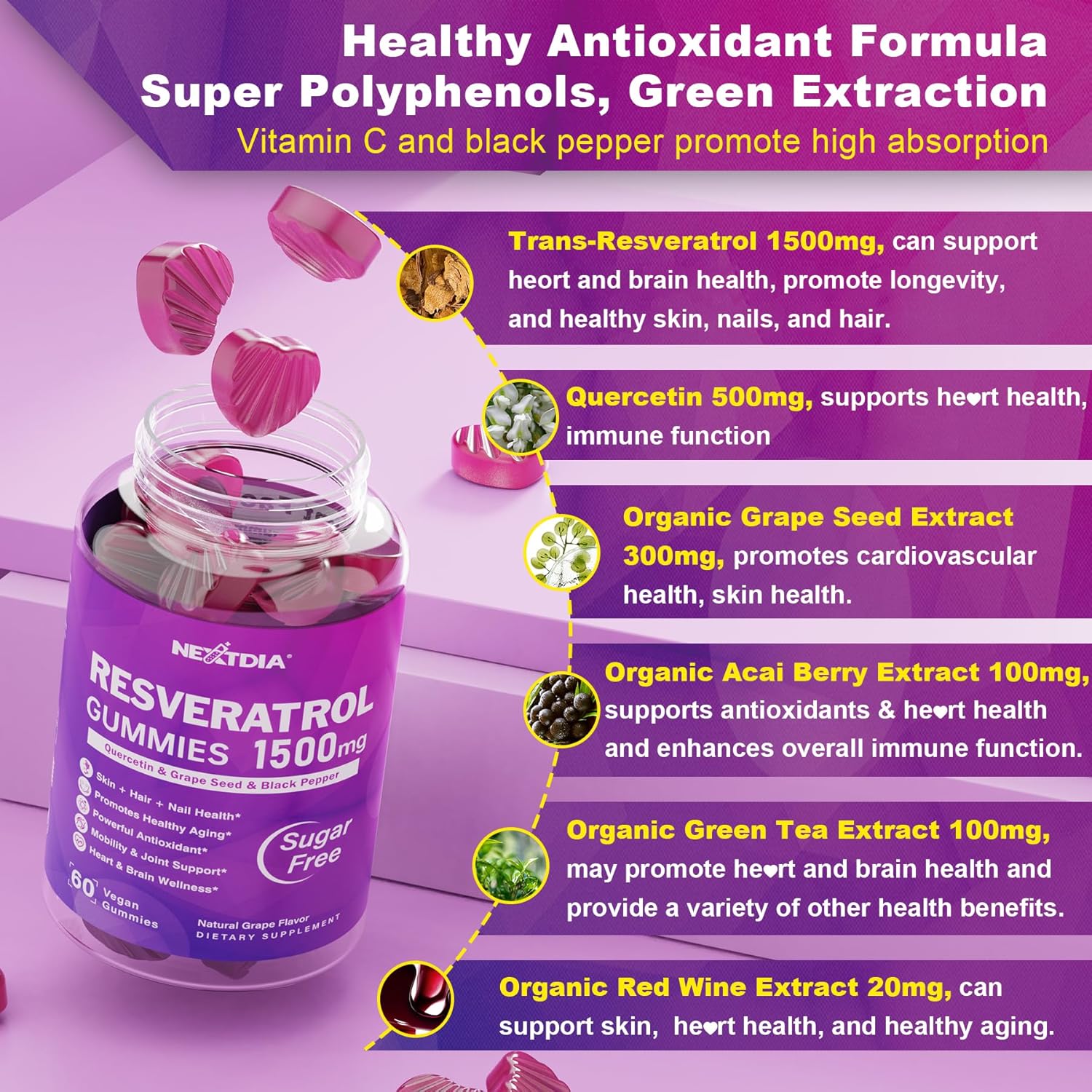 Resveratrol Supplement 1500mg - Resveratrol Gummies Supports NAD⁺, NMN & NMNH Synergy, with Quercetin, Grape Seed, Acai Berries Extracts for Antioxidant, Healthy Aging & longevity, Skin, Brain - 2Pcs - Image 6
