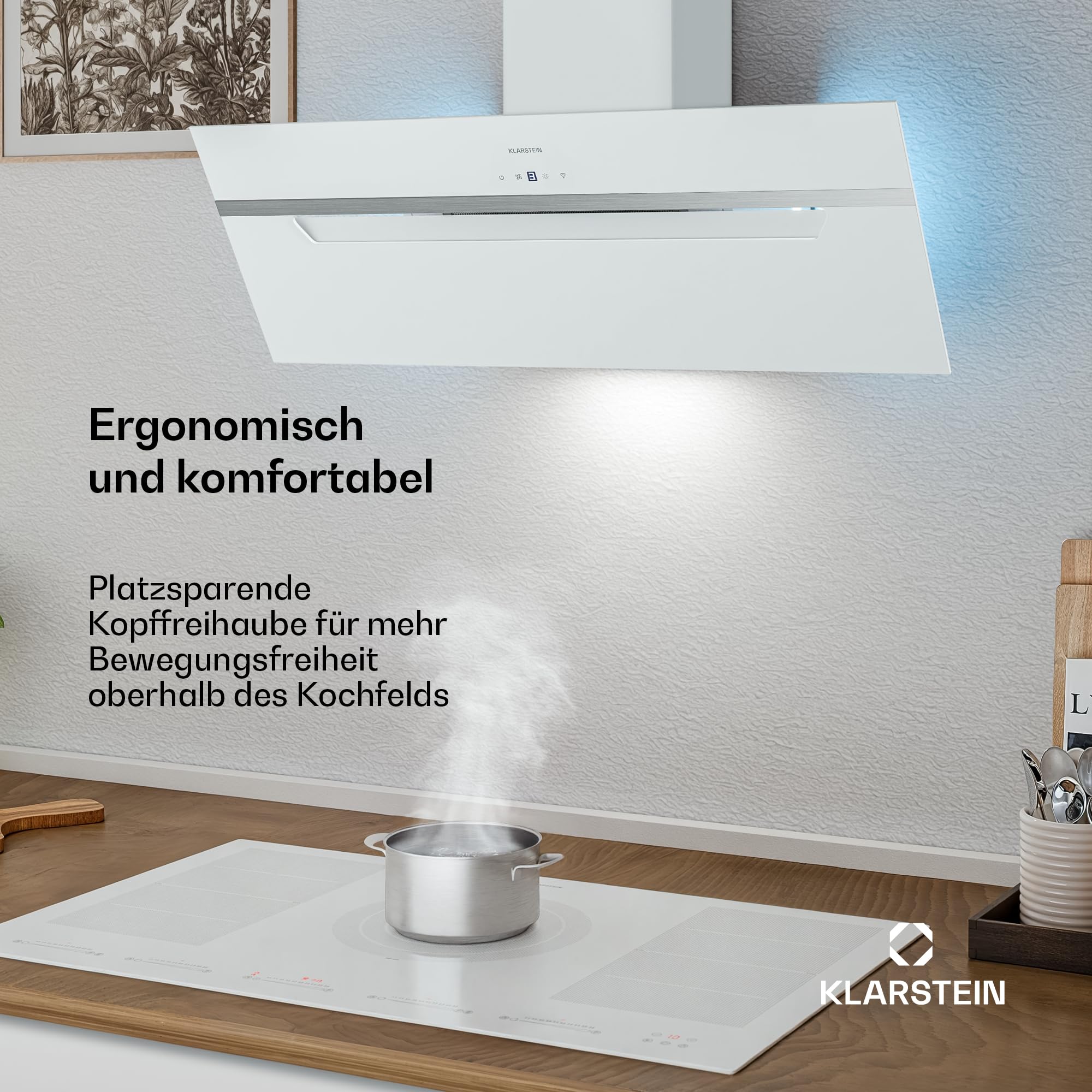 Klarstein BigBite Kopffreihaube 90 cm – Abzugshaube mit Touch-Bedienung, 417 m³/h Boost, LED-Beleuchtung, A+++ Energieeffizienz, Umluft & Abluft, Glasdesign, leise, dunstabzugshaube, Weiß