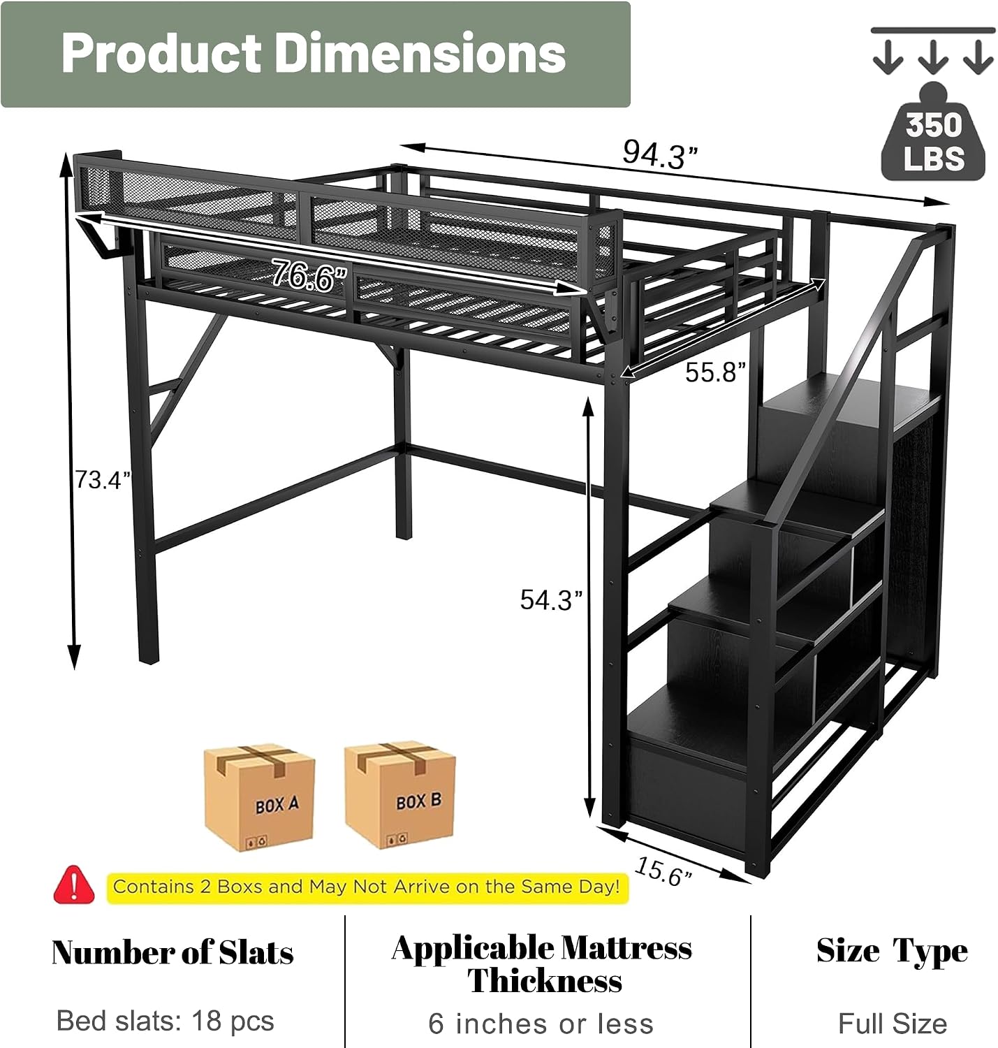 Full Size Loft Bed with Stairs, Metal Loft Beds Full with Storage Shelves, Adults Loft Bed with Wardrobe, Heavy Duty High Lofted Bed for Teens,Black +Black Stair