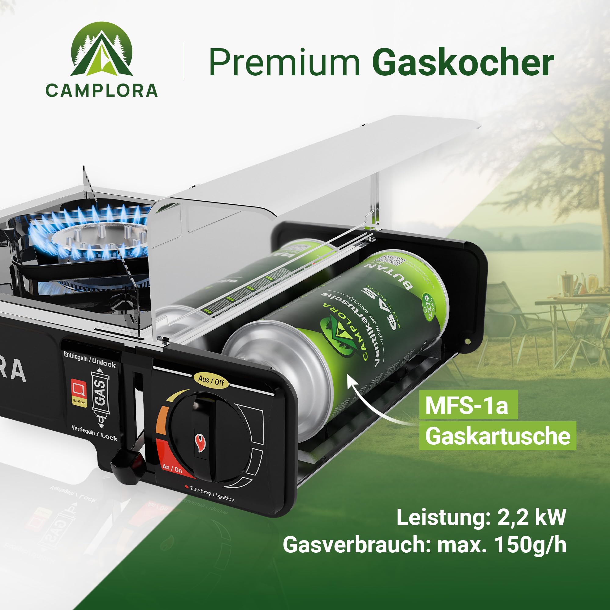 CAMPLORA Gaskocher für MFS-1a Kartuschen inkl. Tragekoffer mit Piezozündung - Campingkocher 2,2 kW - inkl. Sicherheitsabschaltung
