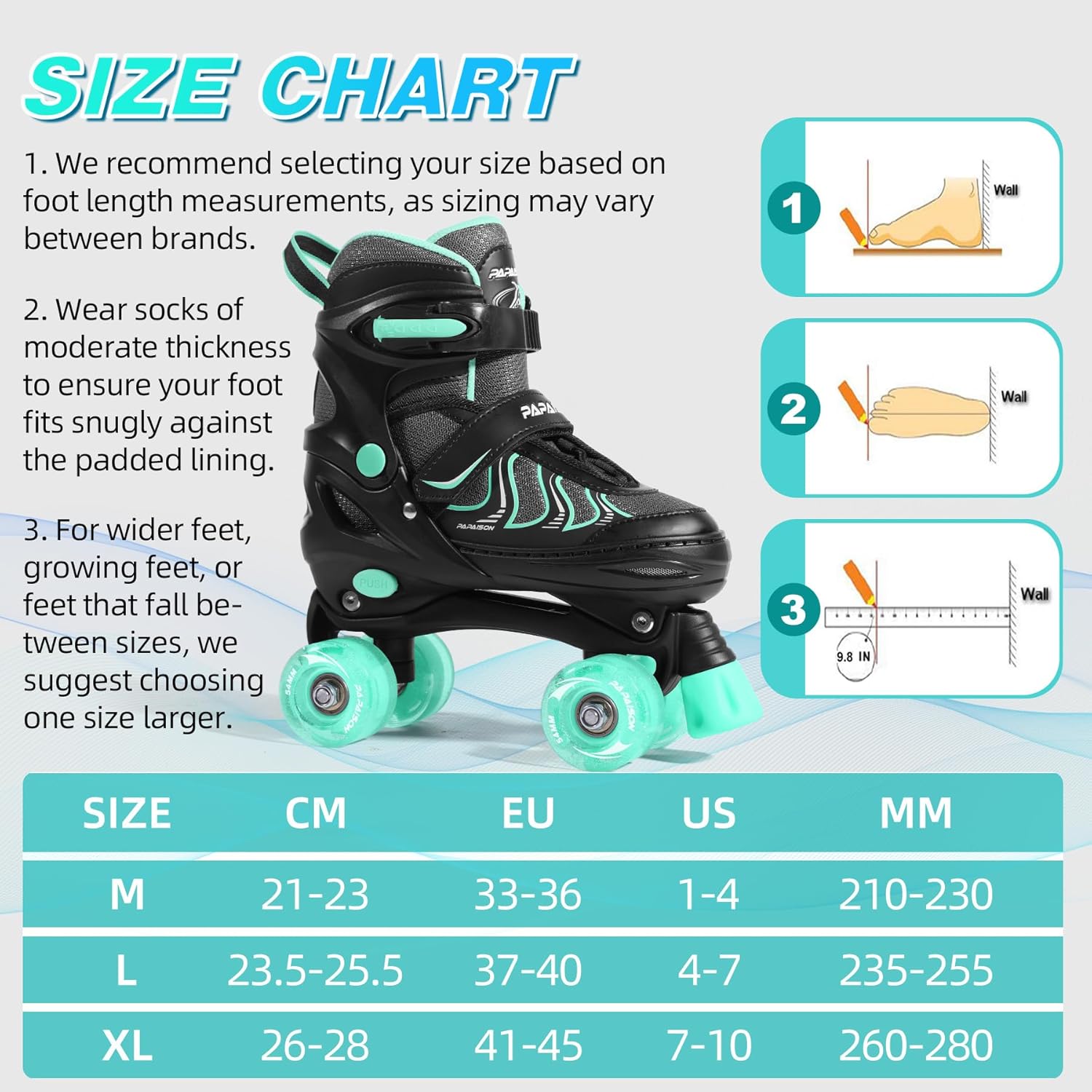 PAPAISON Roller Skates for Girls Ages 8-12, Adjustable Size Youth Women Quad Skates with Light up Wheels Indoor Outdoor