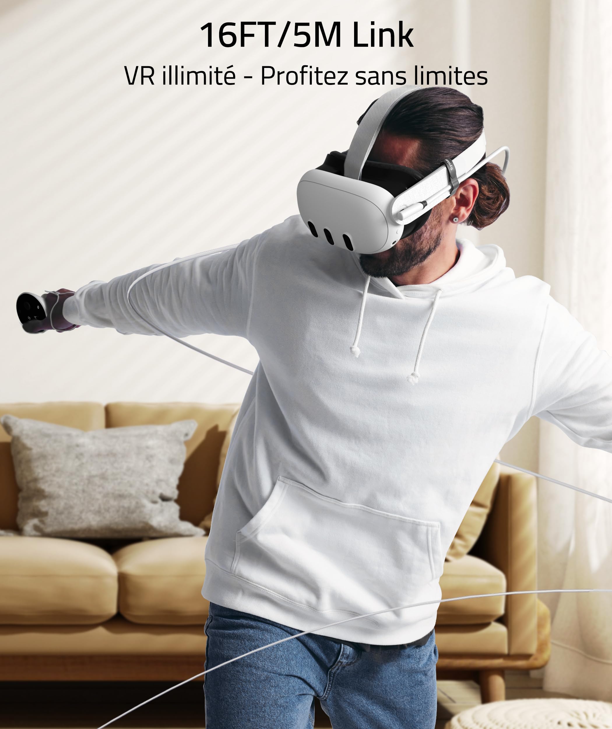 Syntech 5m/16FT Câble Link Compatible avec Oculus/Meta Quest 3/Quest 3S/Quest2/Pro/Pico 4/Ultra Accessoires, Câble de Type C Amélioré avec Adaptateur USB 3.0, Transfert de Données à Haute Vitesse