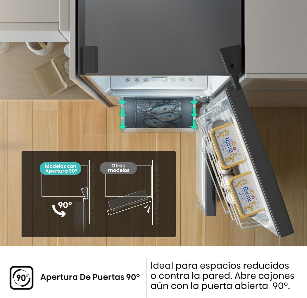Hisense RB343D4CDE - Frigorífico Combi Cíclico, 269L, Class E, Ancho 55cm x Alto 180cm, Puerta Reversible, Apertura de Puertas 90º, Iluminación Led, Cajón Frutas y Verduras, Gran Capacidad, Inox — view 5