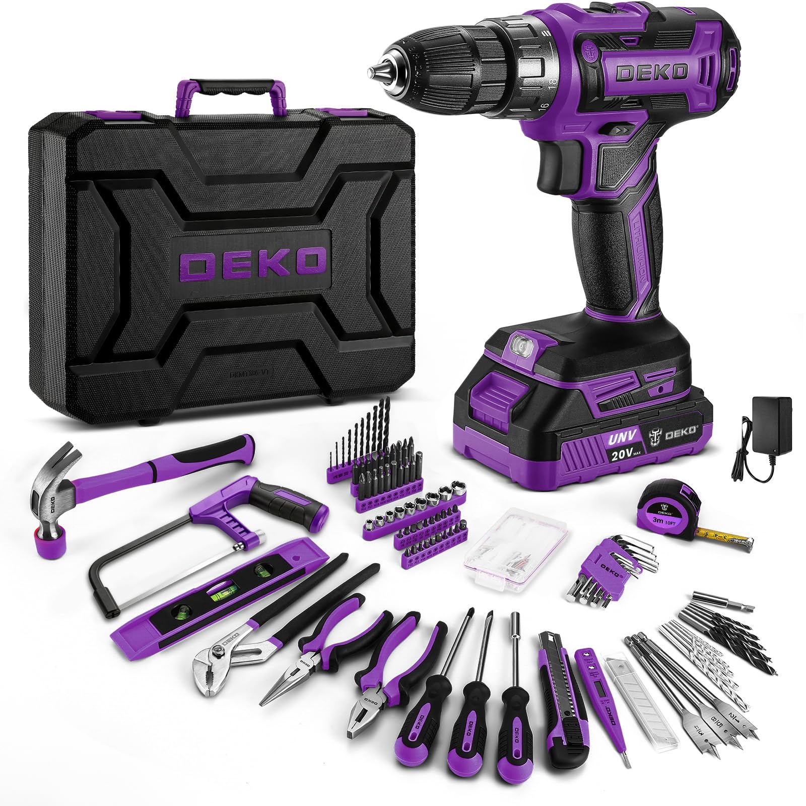 DEKO Caisse à Outils Complète 186 Pièces: Boîte à Outils Violet avec Perceuse Visseuse Sans Fil 20V, 1.5Ah Batterie, pour Maison, Bureau et Voiture, pour Entretien Quotidien