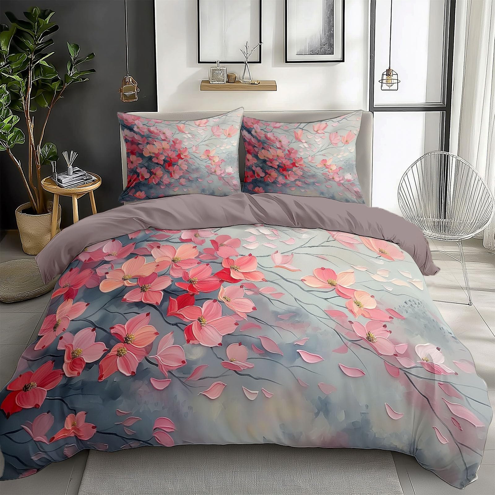 Pink Bedding Sets Painting Red Dogwood Flowers Print Duvet Cover Set, Comforter Cover Full Size Soft Breathable Reversible 3-Piece Bedding for Kids Teens