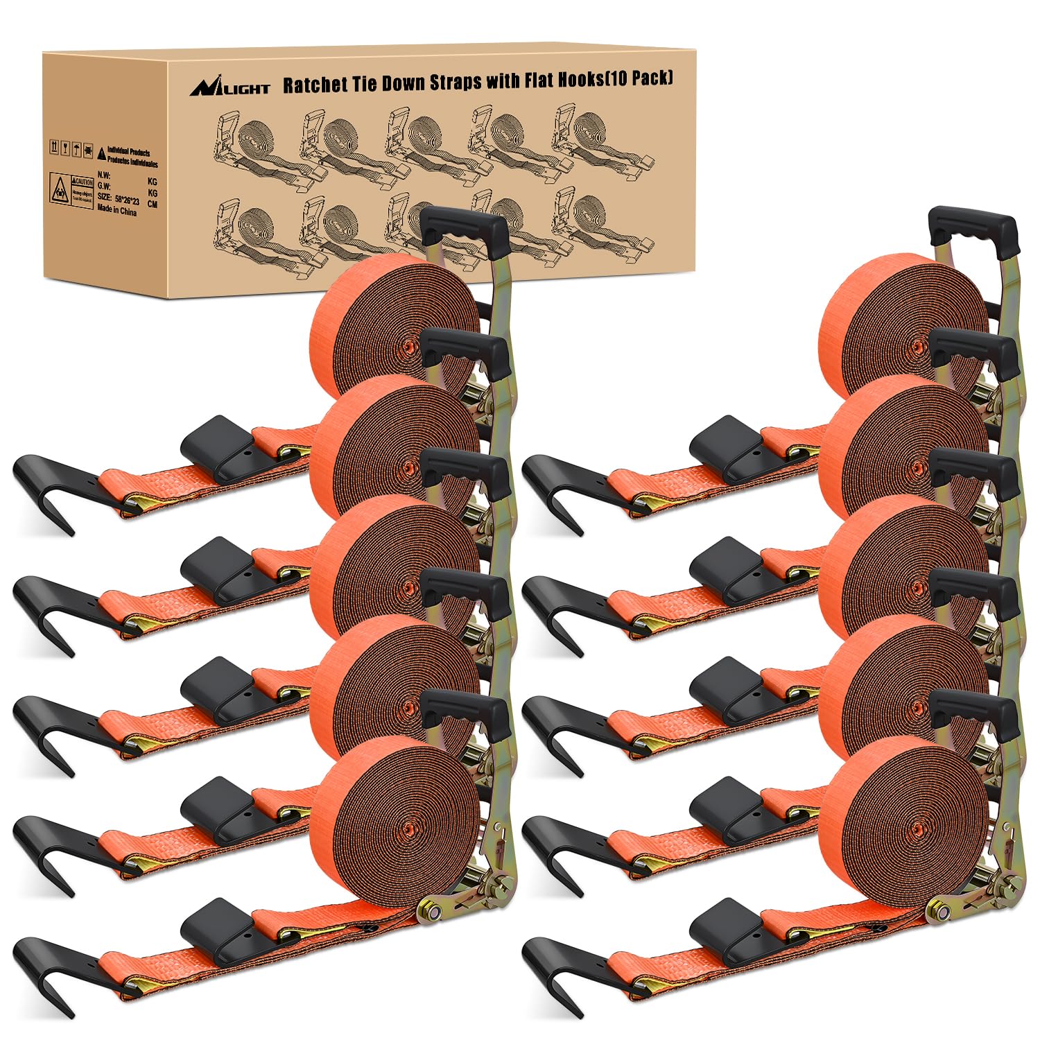 Nilight Flat Hook Ratchet Straps 10 Pack 2 in x 30 Ft Orange