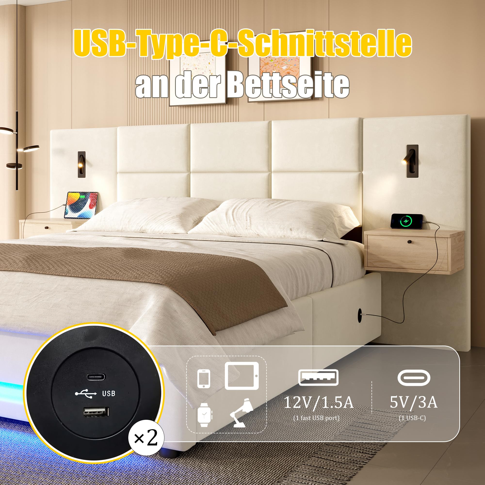 Łóżko tapicerowane 180 x 200 cm, hydrauliczne łóżko do przechowywania z lampką nocną LED, łóżko młodzieżowe ze złączami USB-C, podwójne łóżko z metalową ramą, łóżko do sypialni (bez materaca