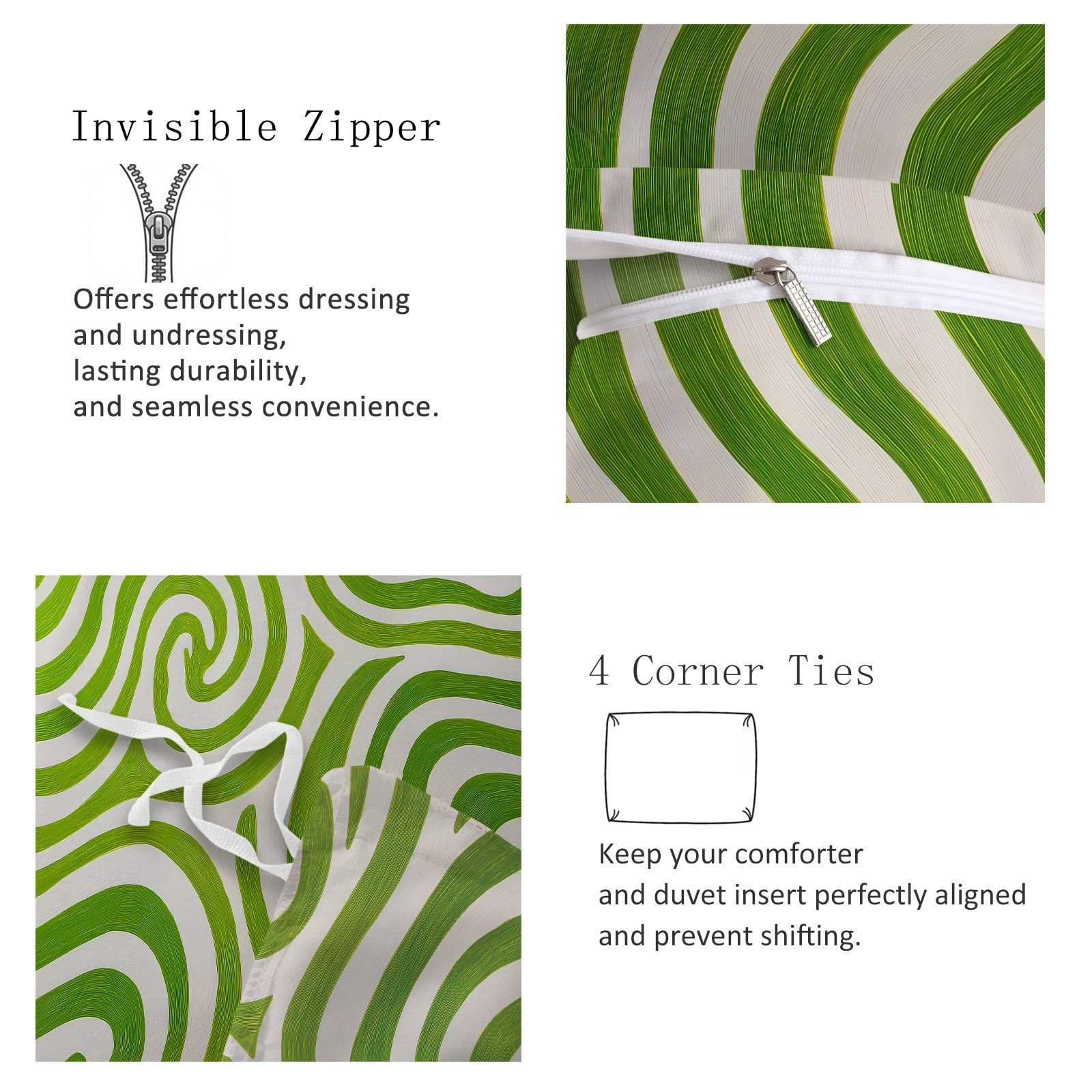 Generico Set Copripiumino Matrimoniale Strisce Ondulate Verdi Astratte 150 x 220 cm - Parure Letto con Motivo Stampato Morbida e Confortevole, Copripiumino Bianco-Verde Traspirante con Federe