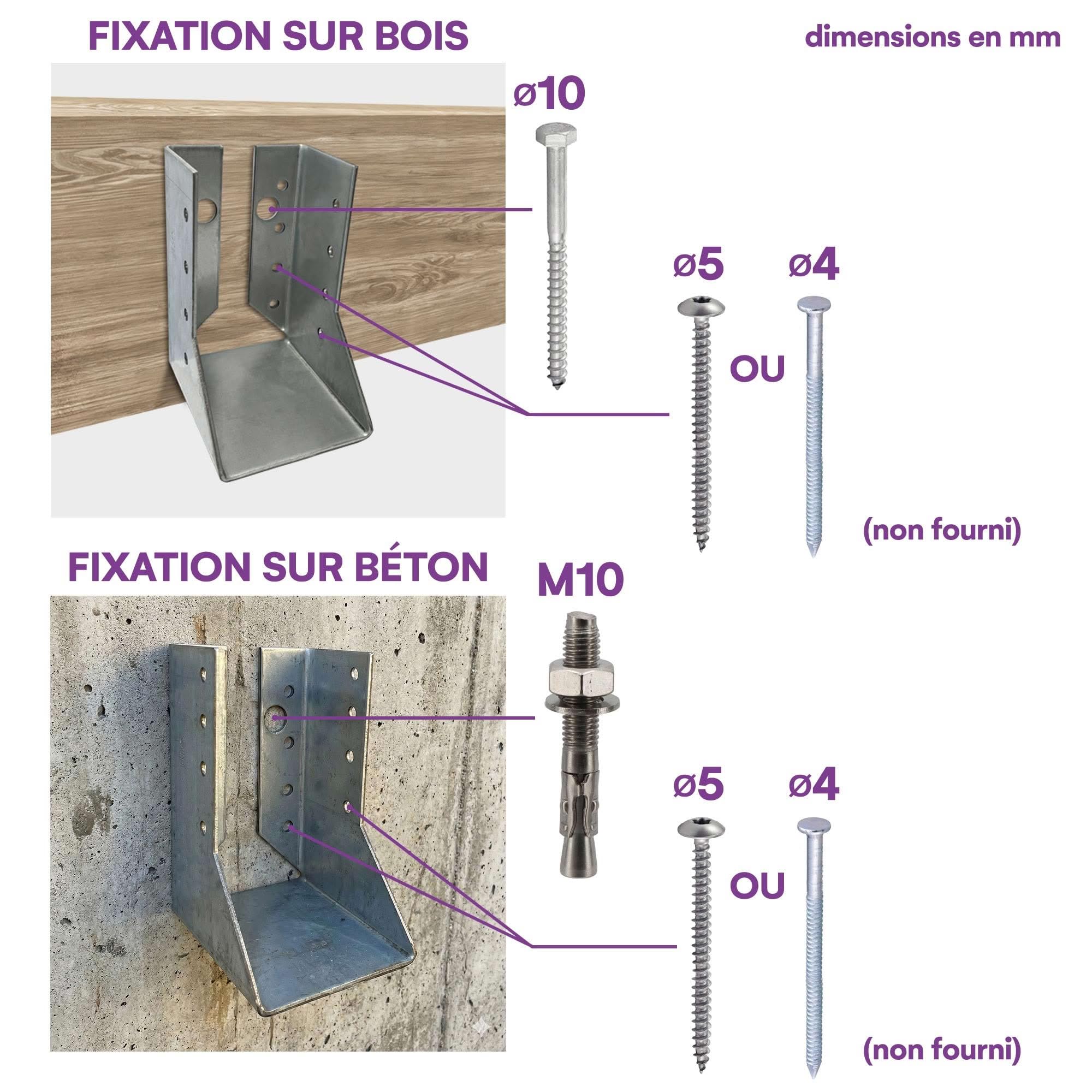 10 sabots de charpente à ailes intérieures - Larg 60 x Ht 100 mm - Connecteurs de poutres - Acier galvanisé - Fabriqué en Europe