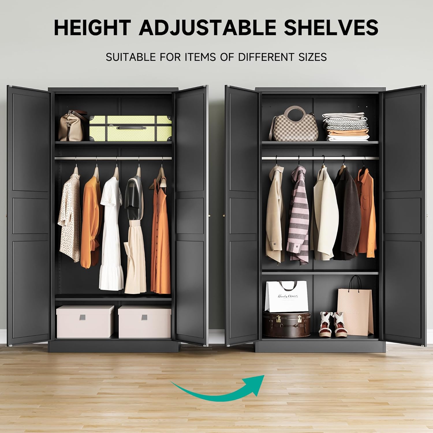 Metal Wardrobe Cabinet,Armoire Wardrobe Closet with doors,Black Metal Clothing Storage Cabinet with Adjustable Shelves and Hanging Rod,72" Cloth Storage Cabinets for Home,Bedroom Armoires,Laundry