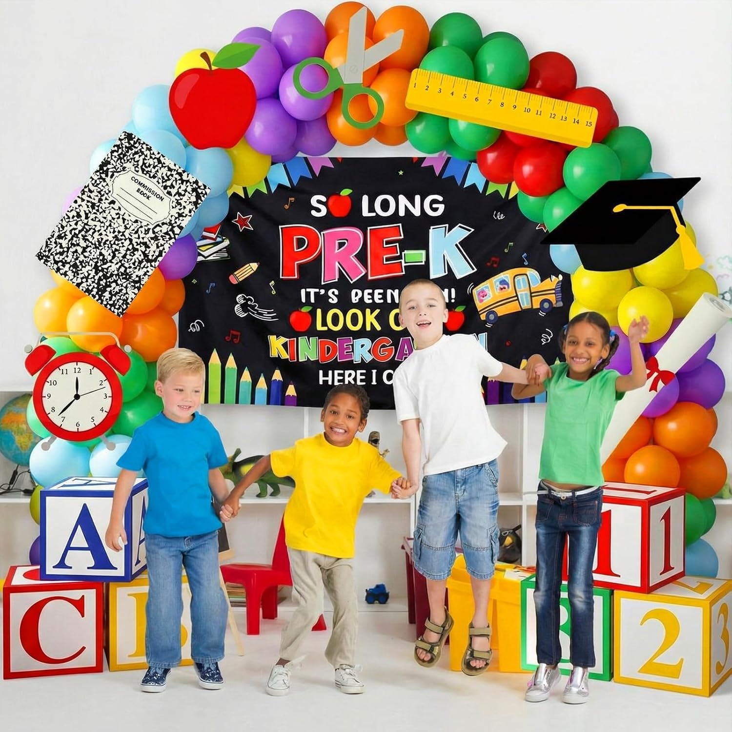 139 Pcs Preschool Grad Decorations Include Pre-k Graduation Backdrop Banner Preschool Graduation Balloon Arch Kits Abc 123 Balloon Boxes Inflatable Pencil Cardstock Cutouts for Party Decor