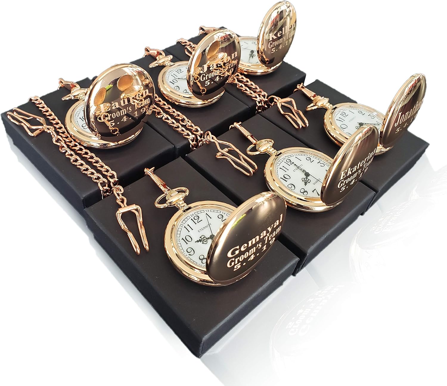 9 Engraved Pocket Watches Custom Fitted Box Included, Buckle Chain, Engraving Included. Pocket Watch, Battery Included, Assorted Colors Set of 9