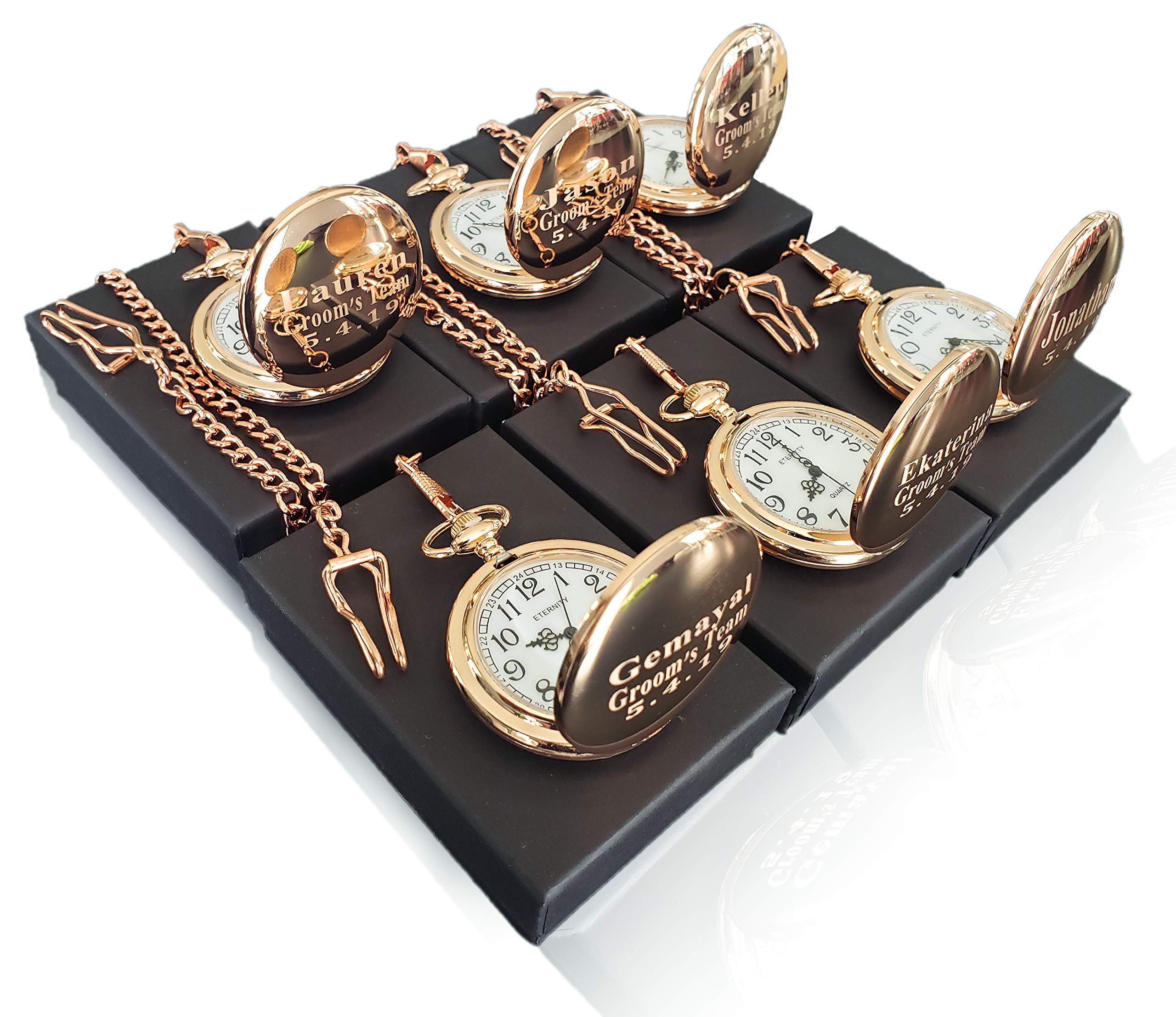 Eternity Engraving inc. 8 Engraved Pocket Watches Custom Fitted Box Included, Buckle Chain, Engraving Included. Pocket Watch, Battery Included, Assorted Colors Set of 8 (Rose Gold)