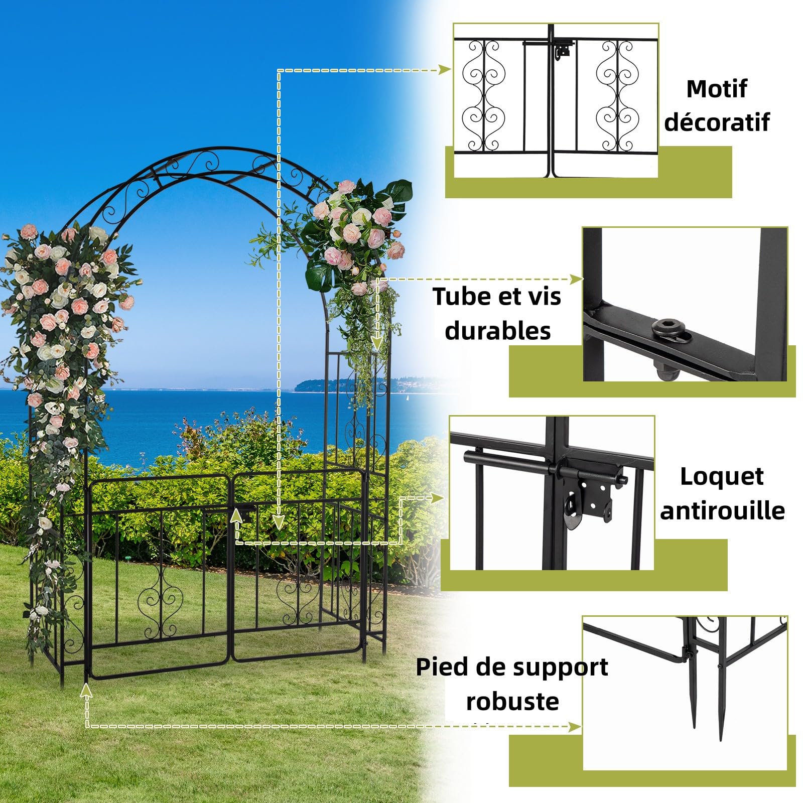 LEADZM Arche Métal Jardin, Arcade Mariage en Fer Revêtue de Poudre pour Plantes Grimpantes de Rose,Noir (Type d'étable avec Porte)