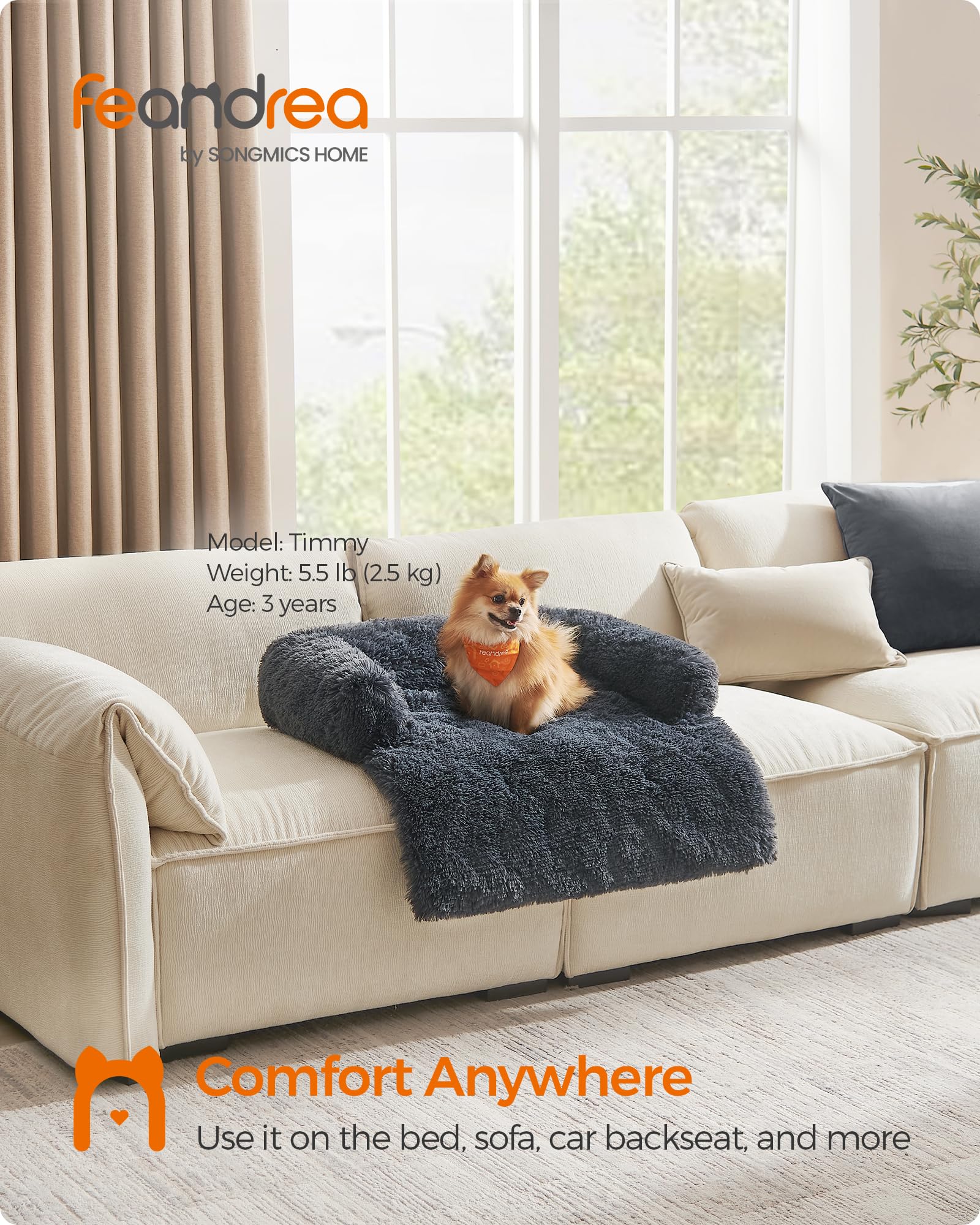 Feandrea FluffyHug Sofa Bed, Cover, Calming Bed for Small and Medium Dogs M, 80 x 75 x 16 cm, Dark Grey PGW221G02 - Image 2