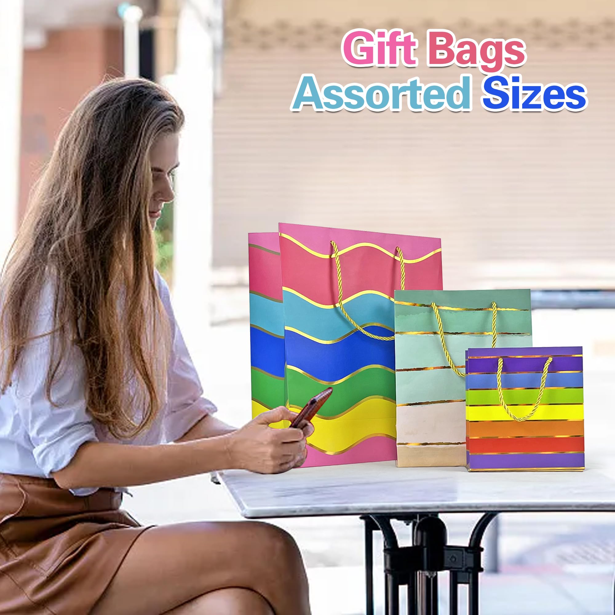 MUMULULU Gift Bags Assorted Sizes and Designs with Handle and Tissue Paper Birthday Gift Bags Rainbow for Birthday Bag Party Baby Shower Wedding Holiday Presents (Striped, 10)