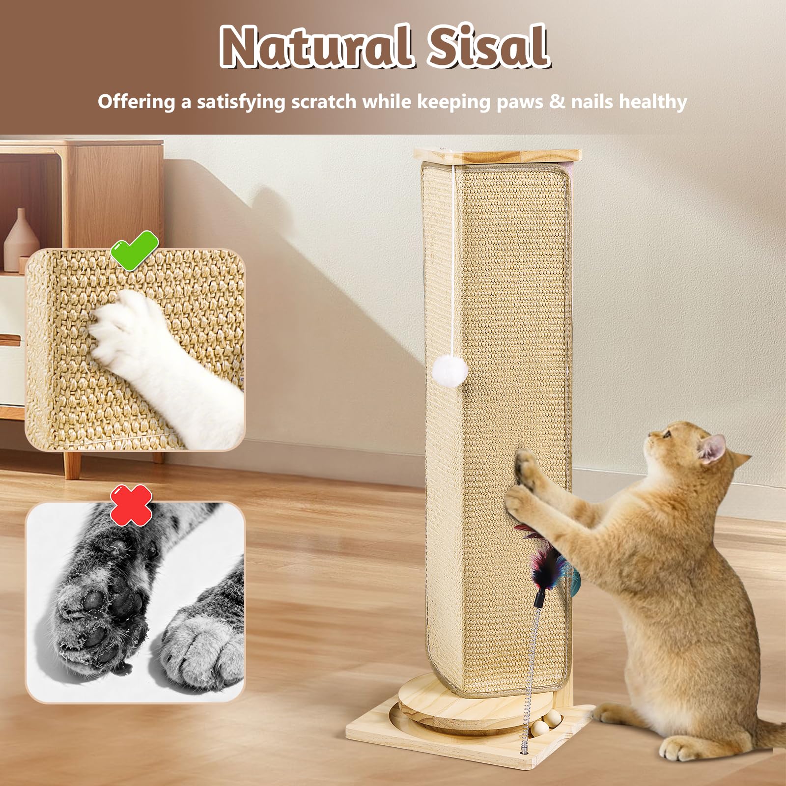 Rascador de esquina para sofá, poste rascador para gatos de 31 pulgadas de alto con juguetes interactivos, almohadilla de sisal reemplazable para gatos de interior, protector de muebles para